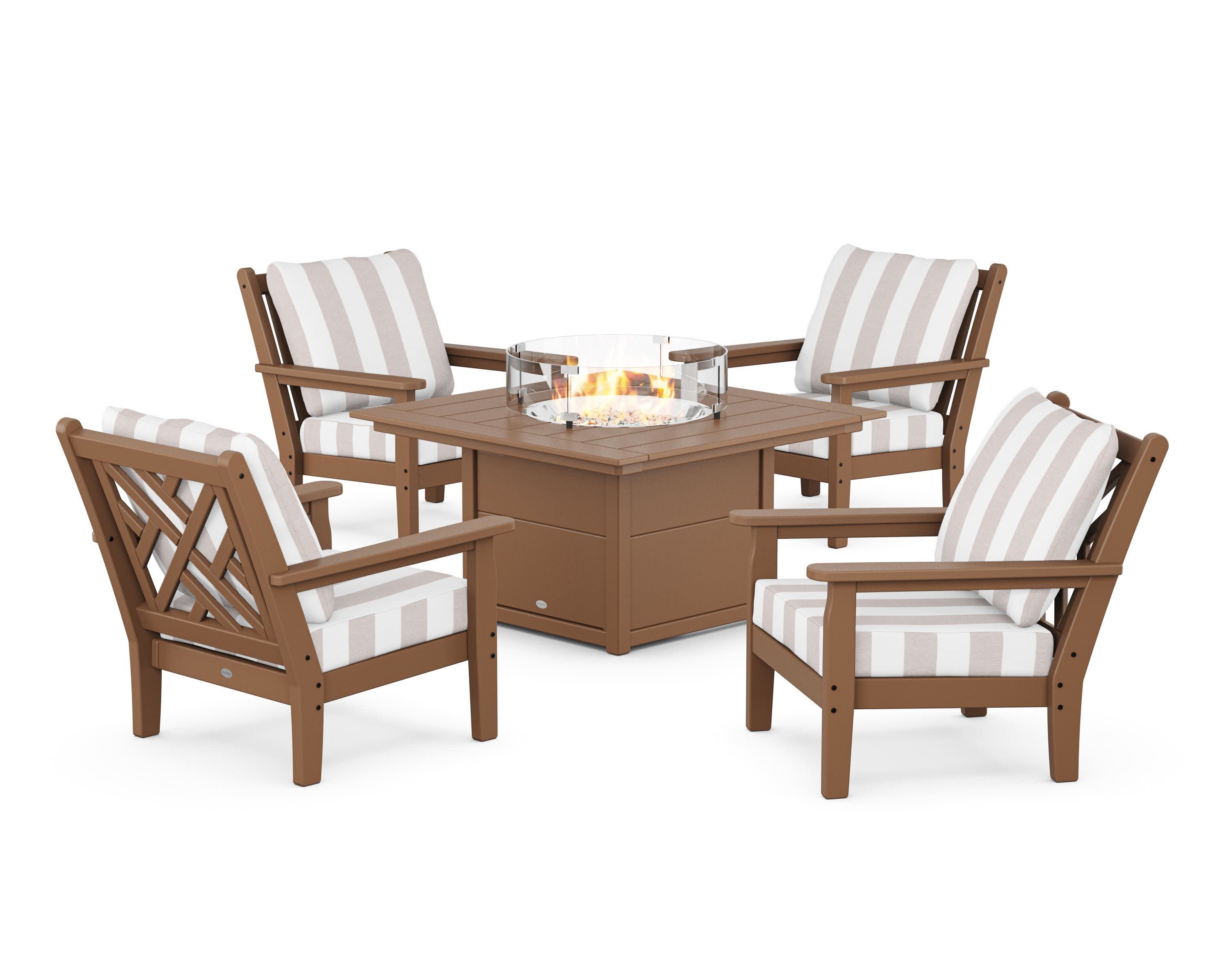 Chippendale 5-Piece Deep Seating Set with Fire Pit Table in Teak / Cabana Stripe Dune Burlap