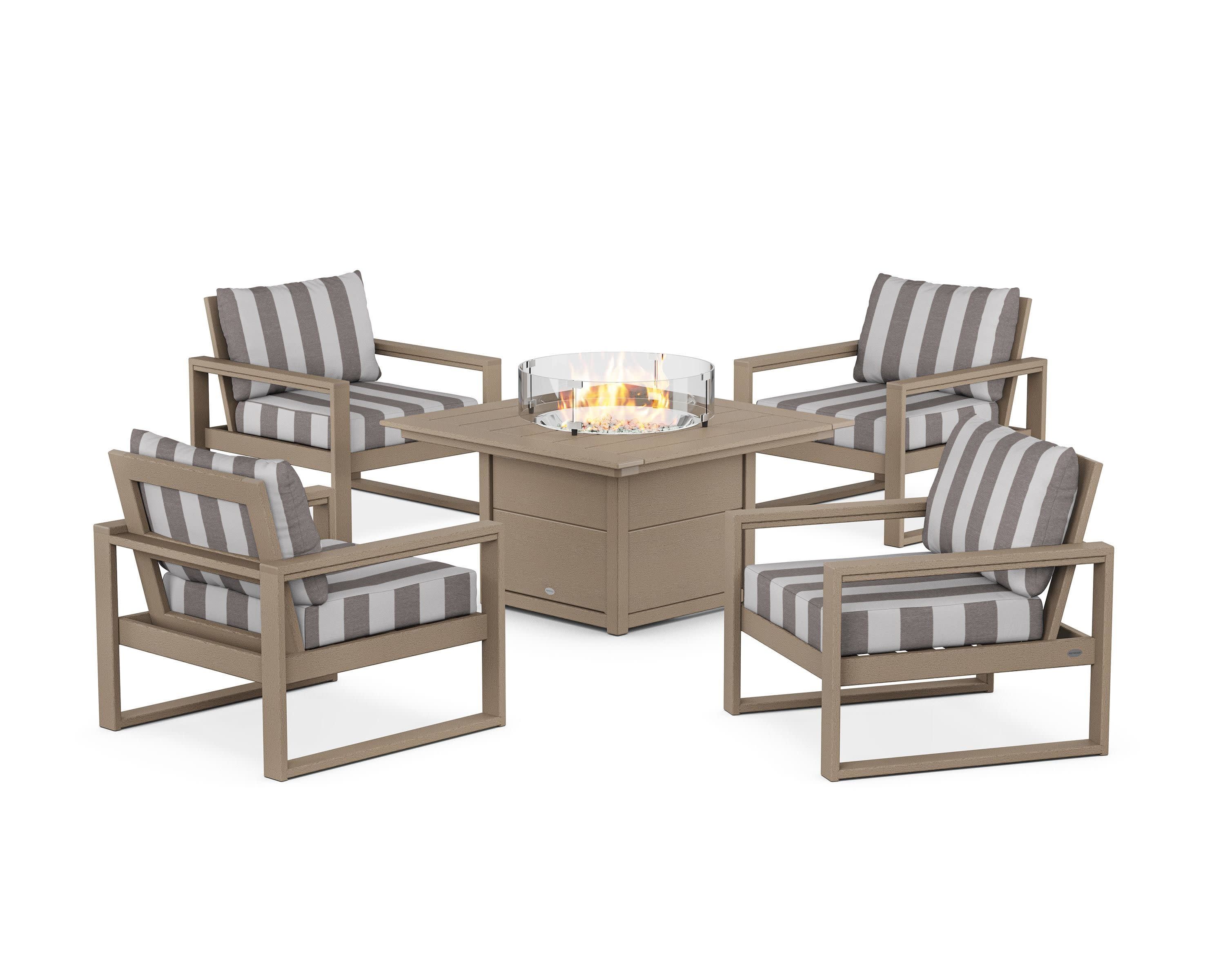 EDGE Sectional 5-Piece Deep Seating Set with Fire Pit Table in Vintage Sahara / Cabana Stripe Grey Mist