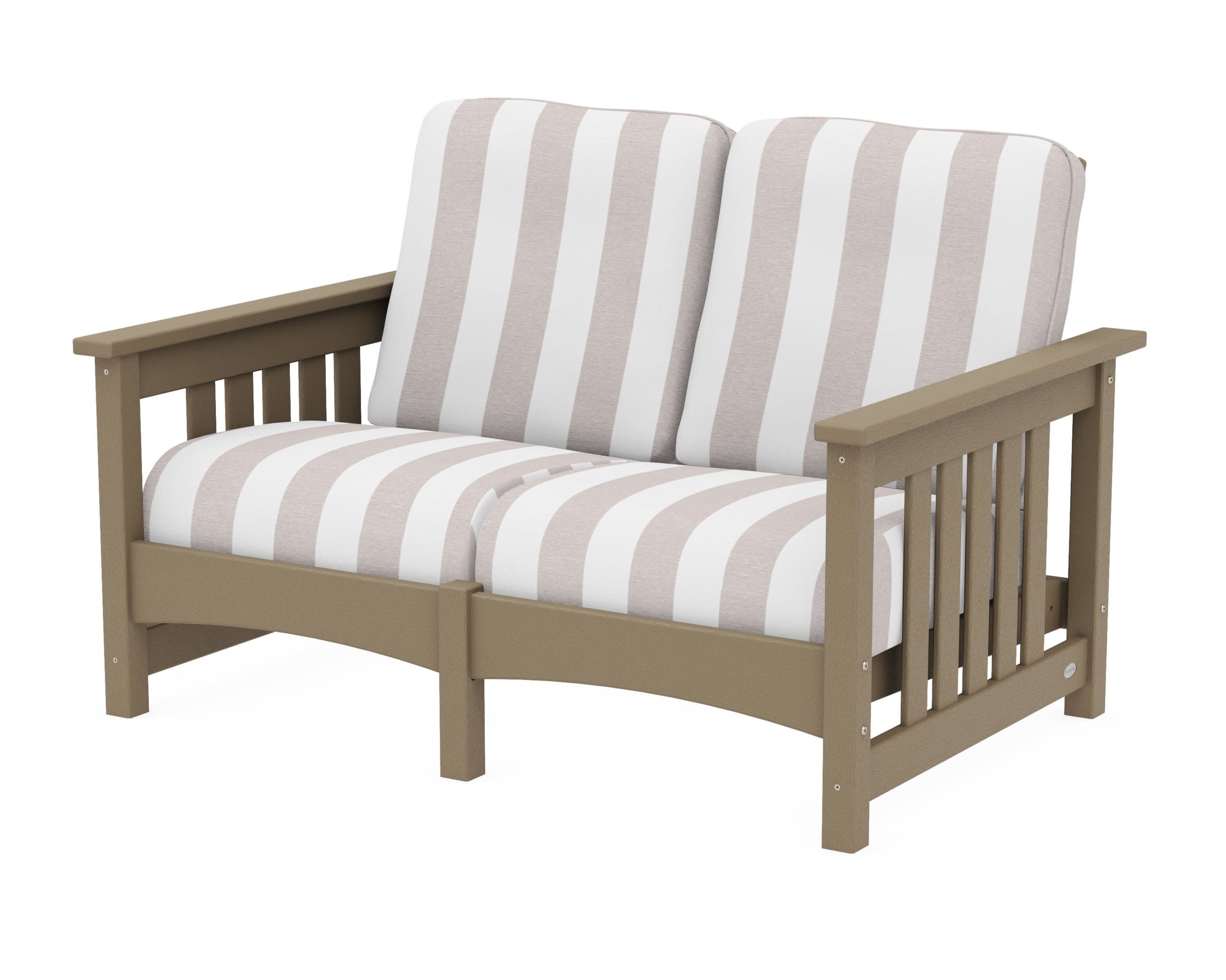 Club Mission Loveseat in Vintage Sahara / Cabana Stripe Dune Burlap