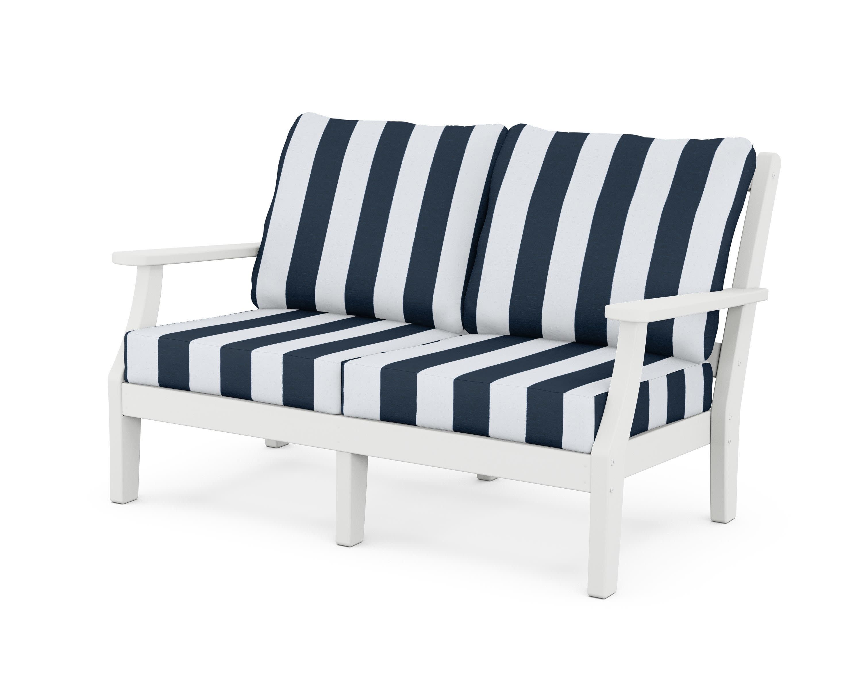 Chinoiserie Deep Seating Loveseat in White / Cabana Stripe Marine Indigo