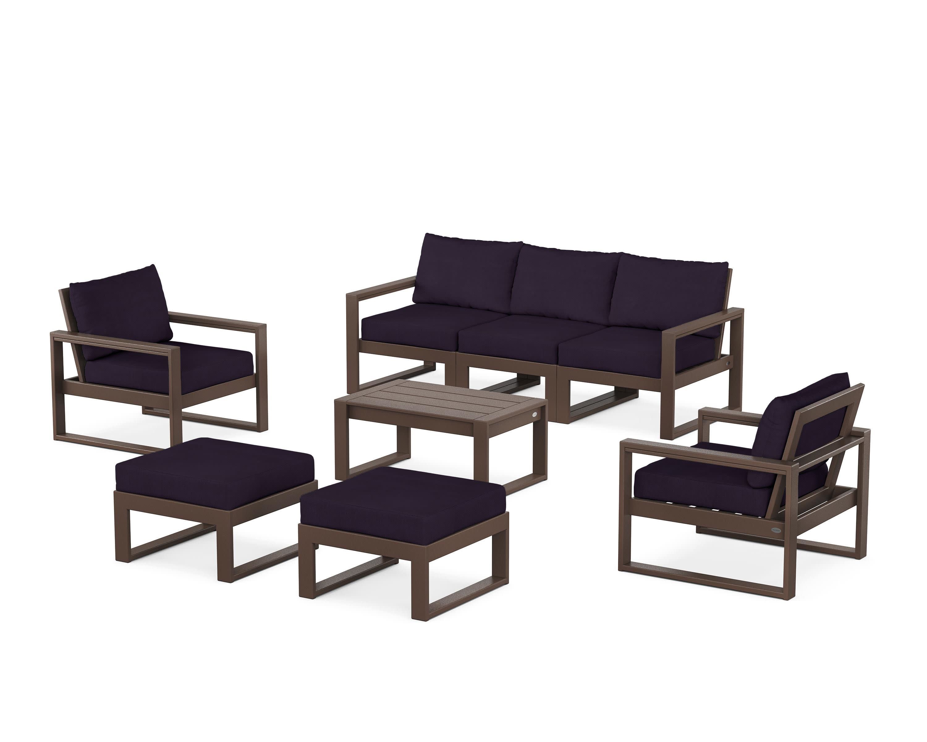 EDGE Sectional 8-Piece Lounge Sofa Set in Mahogany / Navy Linen