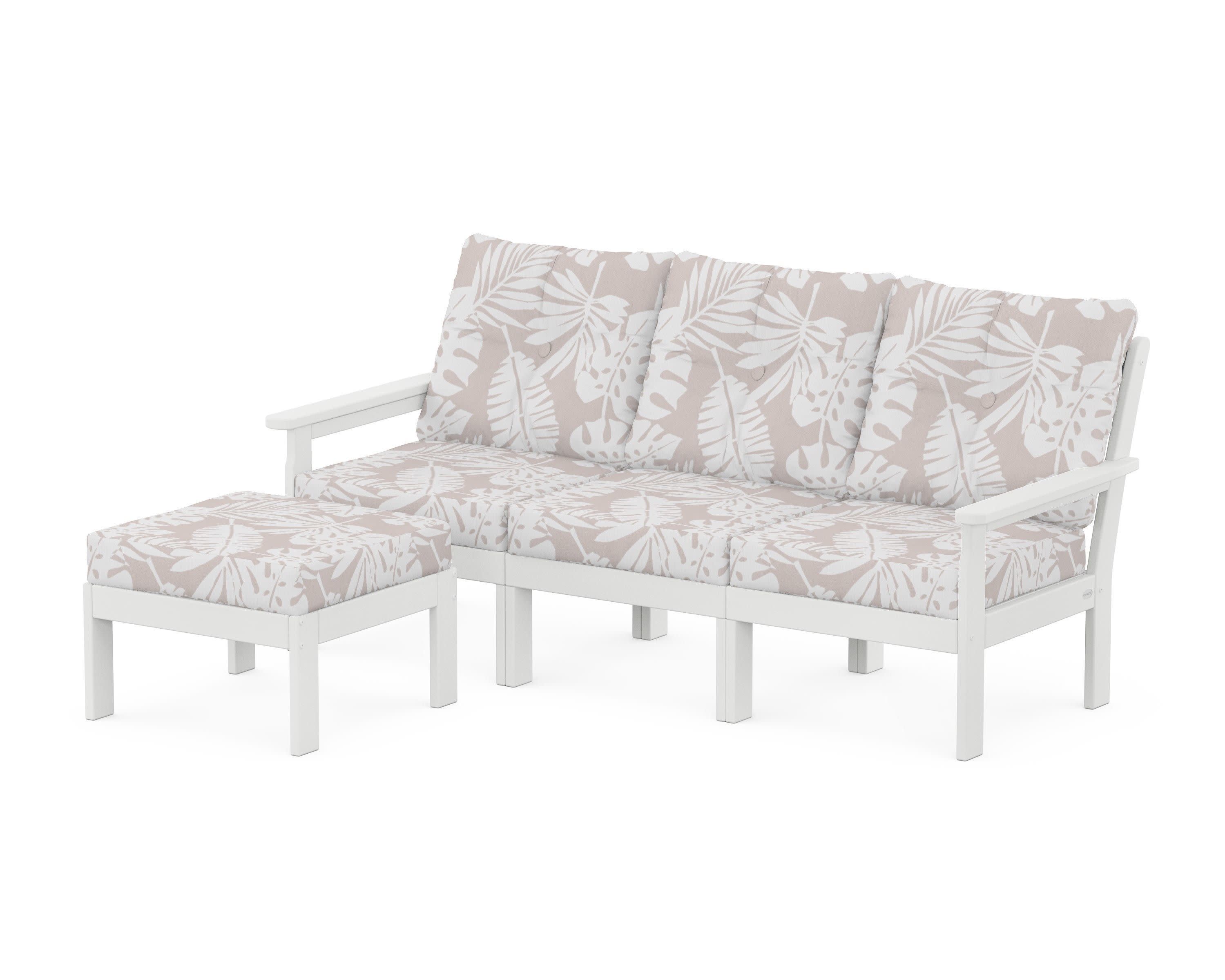 Vineyard 4-Piece Sectional with Ottoman in White / Leaf Dune Burlap