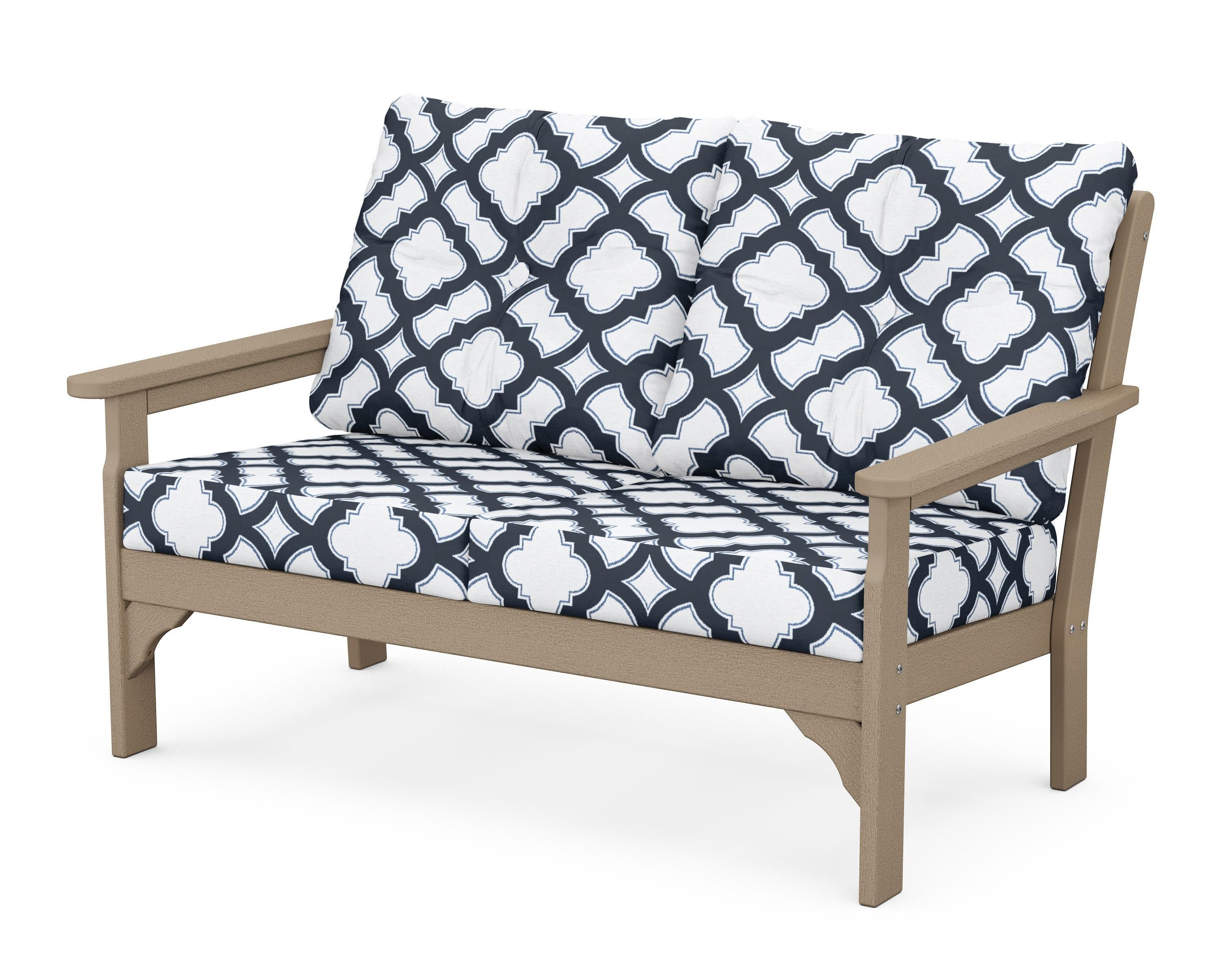 Vineyard Deep Seating Loveseat in Vintage Sahara / Trellis Marine Indigo