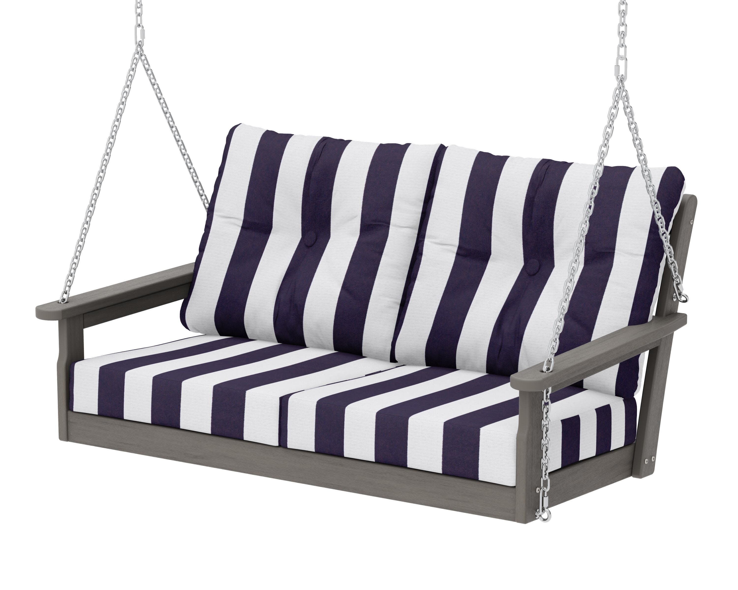 Vineyard Deep Seating Swing in Driftwood / Cabana Stripe Navy