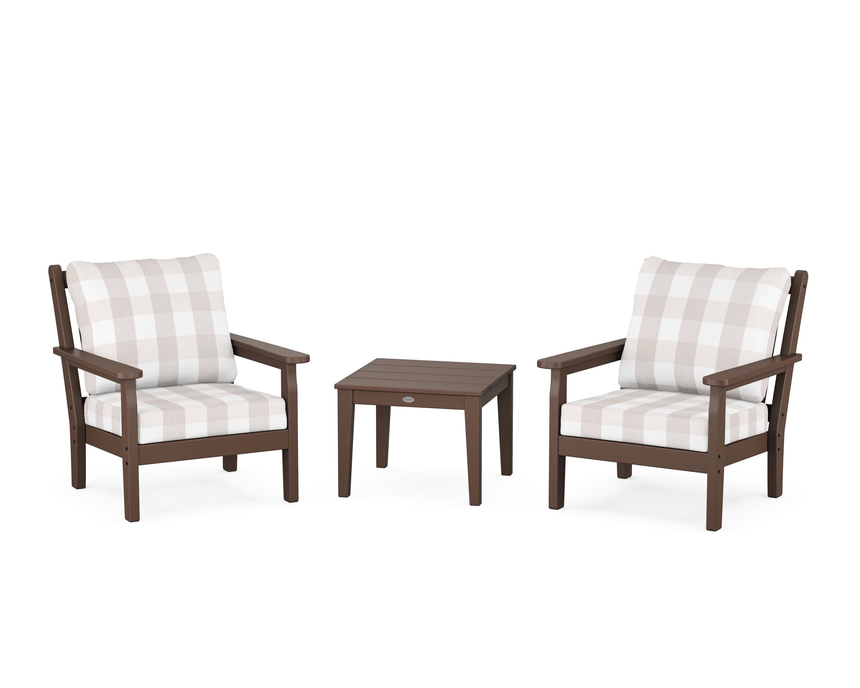 Chippendale 3-Piece Deep Seating Set in Mahogany / Buffalo Plaid Dune Burlap