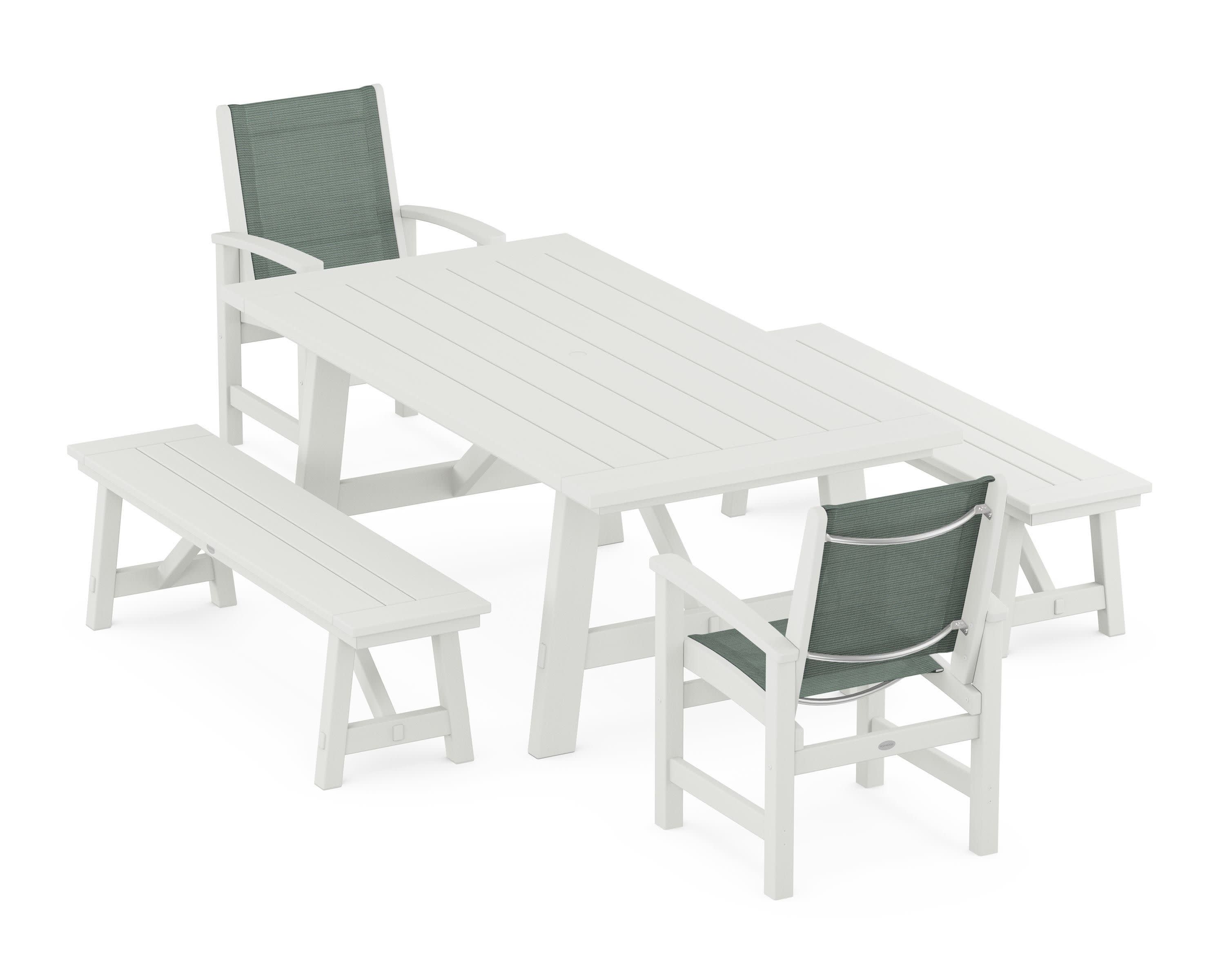 Coastal 5-Piece Rustic Farmhouse Dining Set With Benches in Vintage White / Dupioni Sea Mist Sling