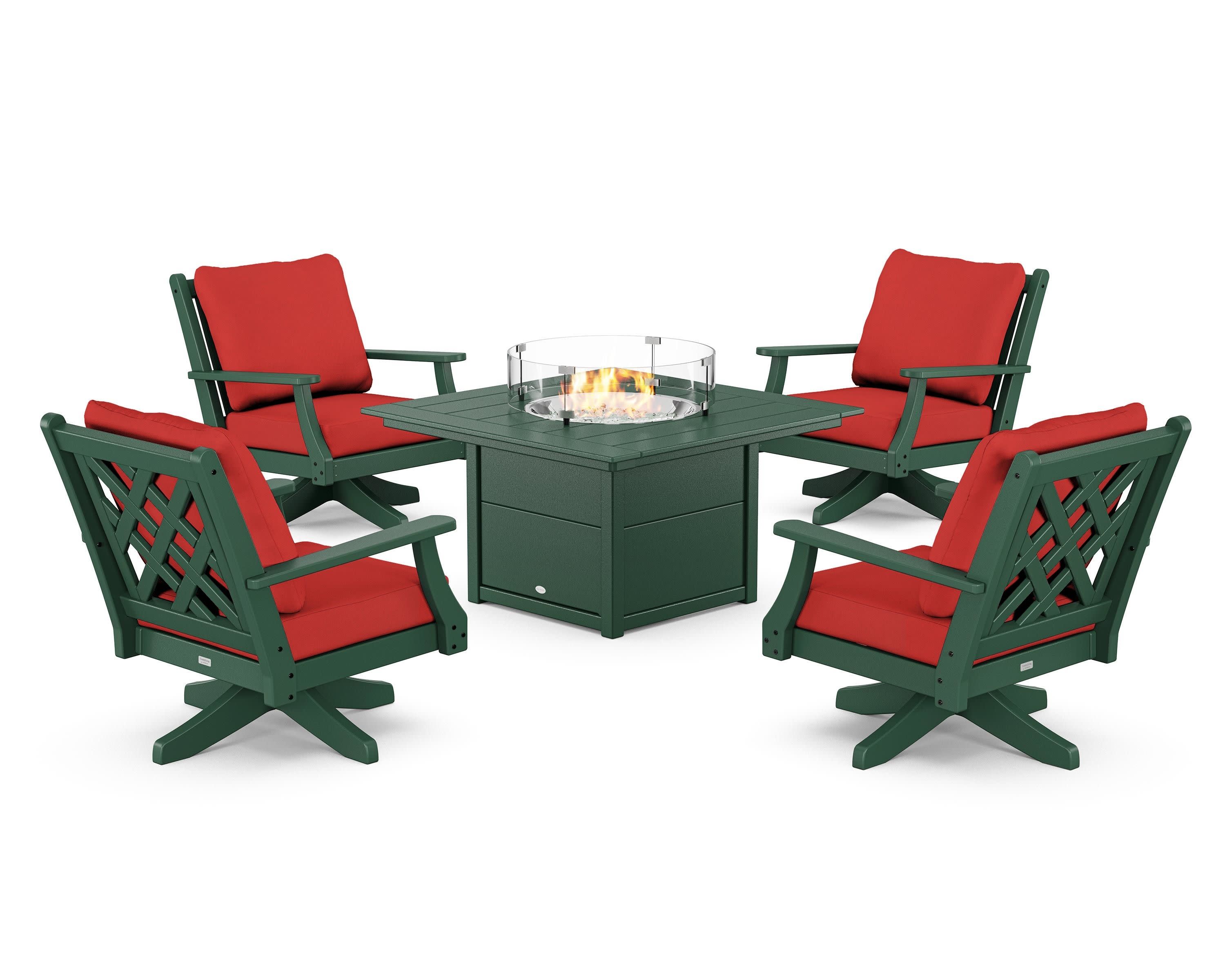 Wovendale 5-Piece Deep Seating Swivel Conversation Set with Fire Pit Table in Green / Crimson Linen