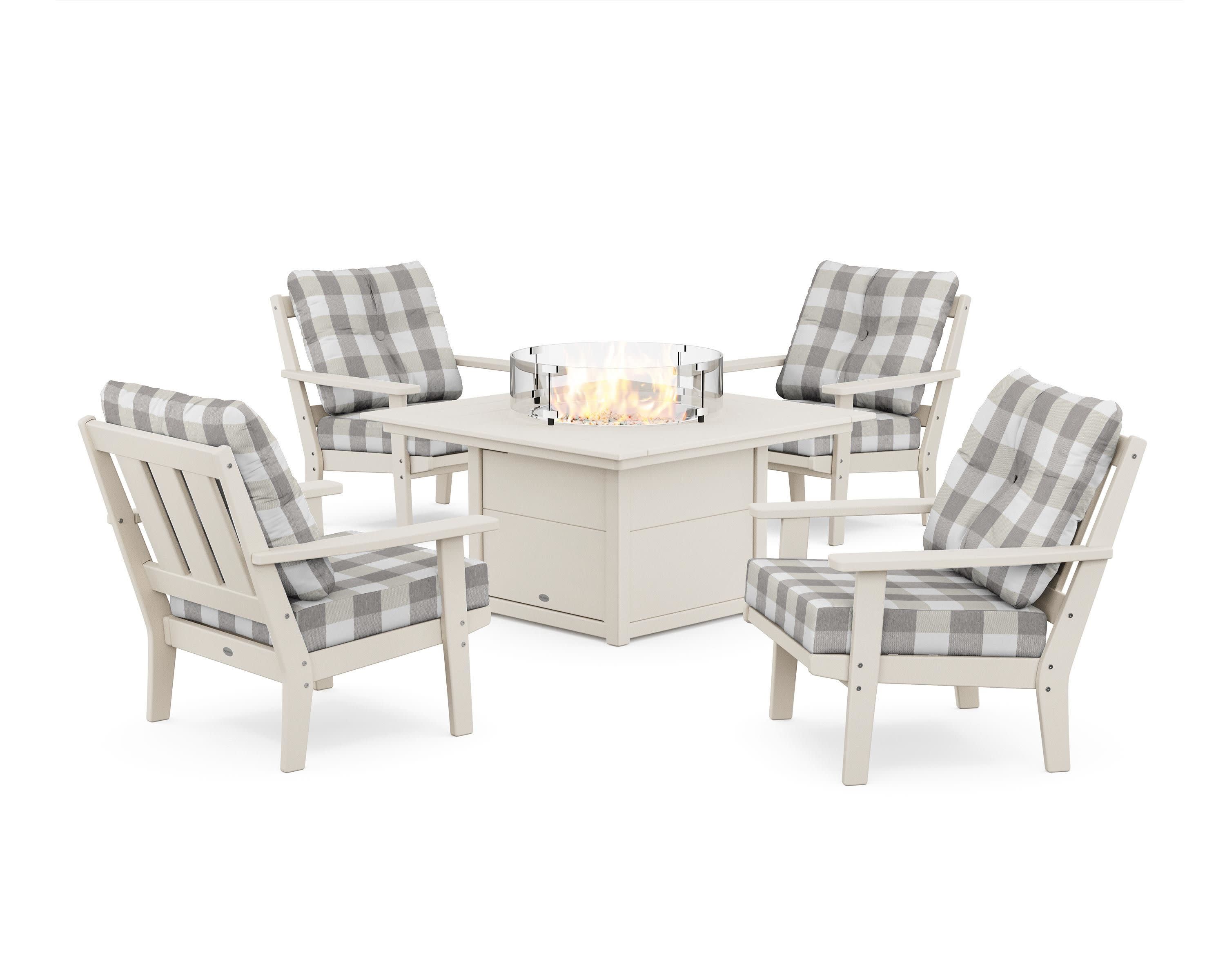 Oxford 5-Piece Deep Seating Set with Fire Pit Table in Sand / Buffalo Plaid Grey Mist