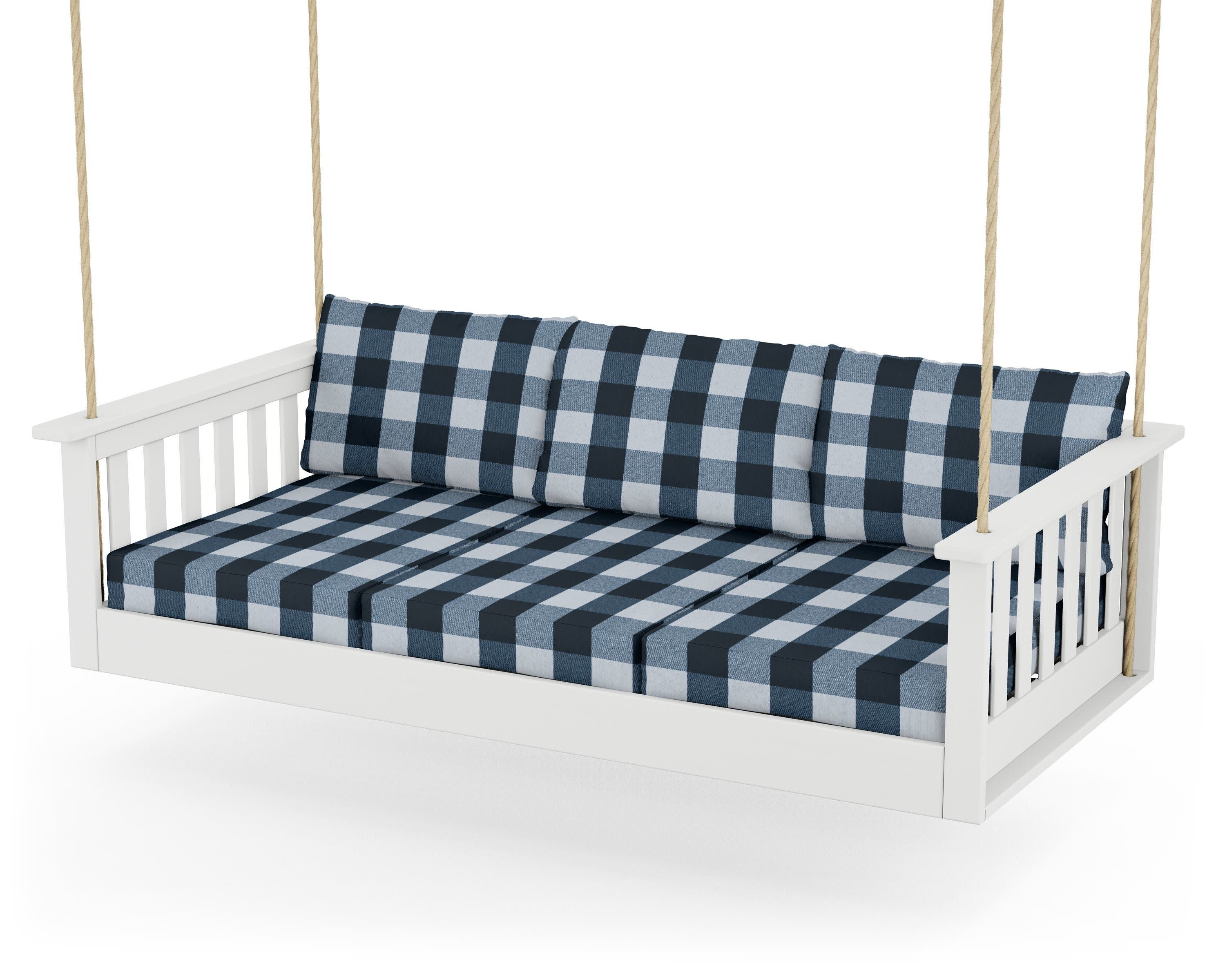 Vineyard Daybed Swing in White / Buffalo Plaid Marine Indigo