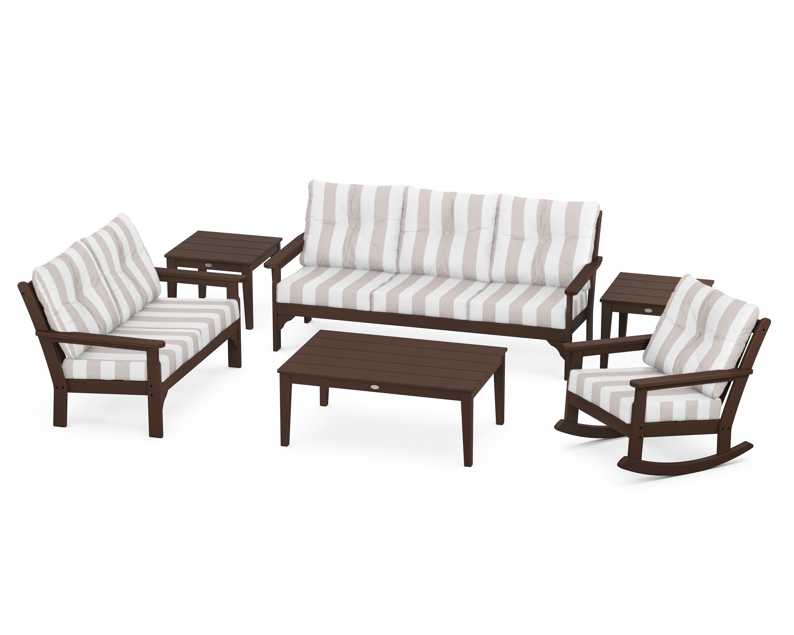 Vineyard 6-Piece Deep Seating Set in Mahogany / Cabana Stripe Dune Burlap