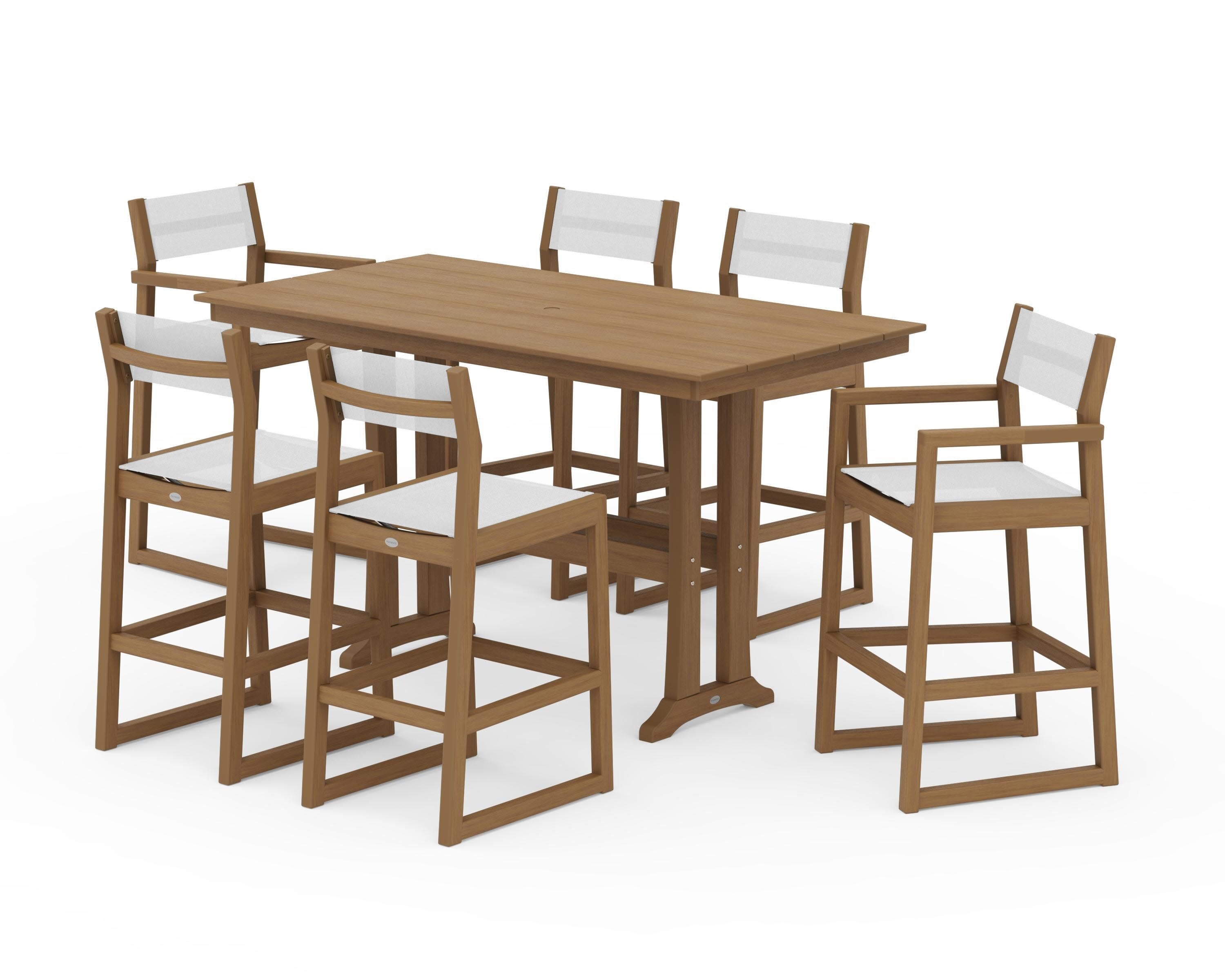 EDGE Sling 7-Piece Farmhouse Bar Set with Trestle Legs in Natural / White Sling