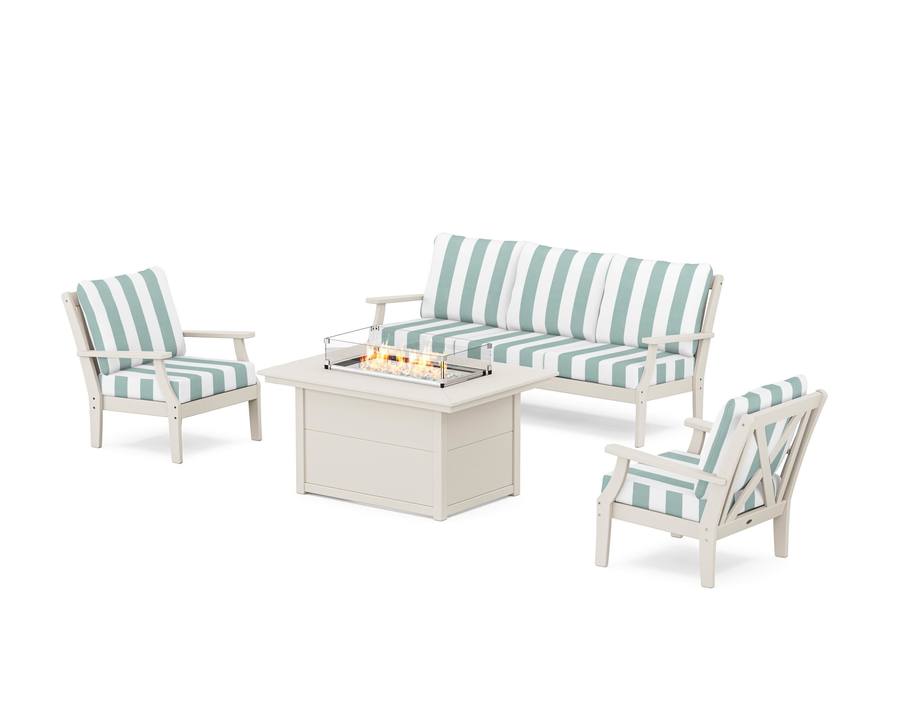 Braxton Deep Seating Fire Pit Table Set in Sand / Cabana Stripe Glacier Spa