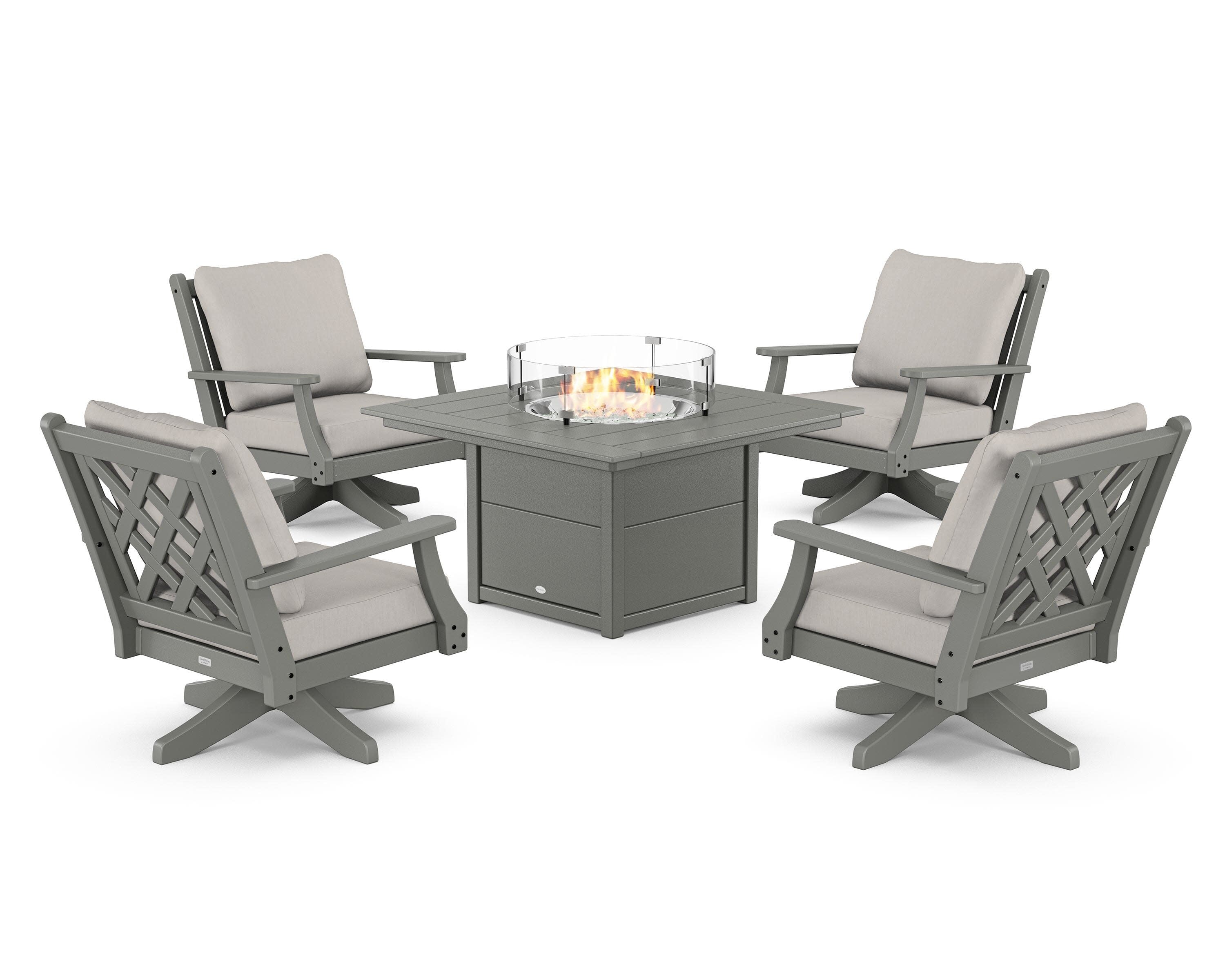 Wovendale 5-Piece Deep Seating Swivel Conversation Set with Fire Pit Table in Slate Grey / Cast Ash