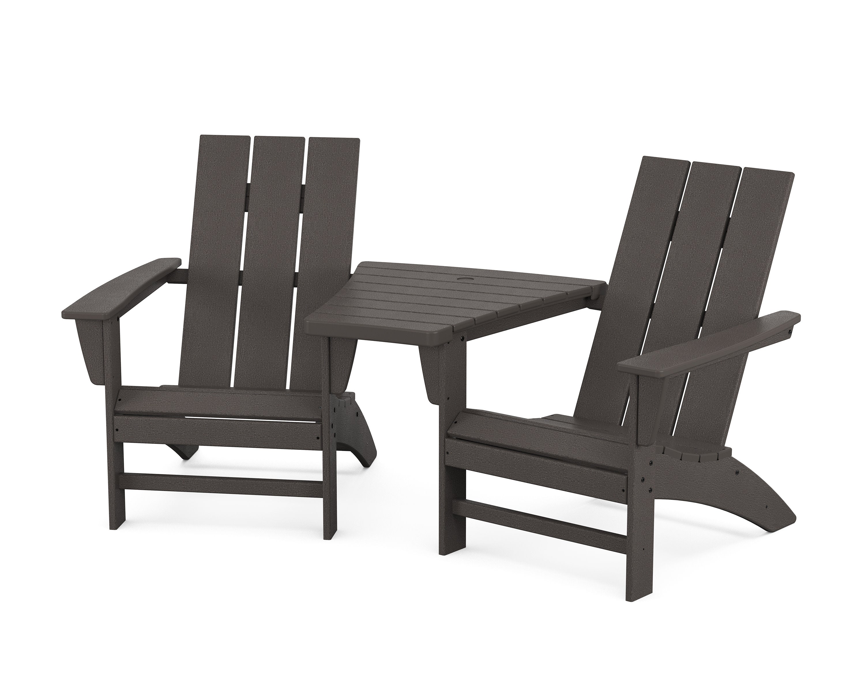 Modern 3-Piece Adirondack Set with Angled Connecting Table in Vintage Coffee