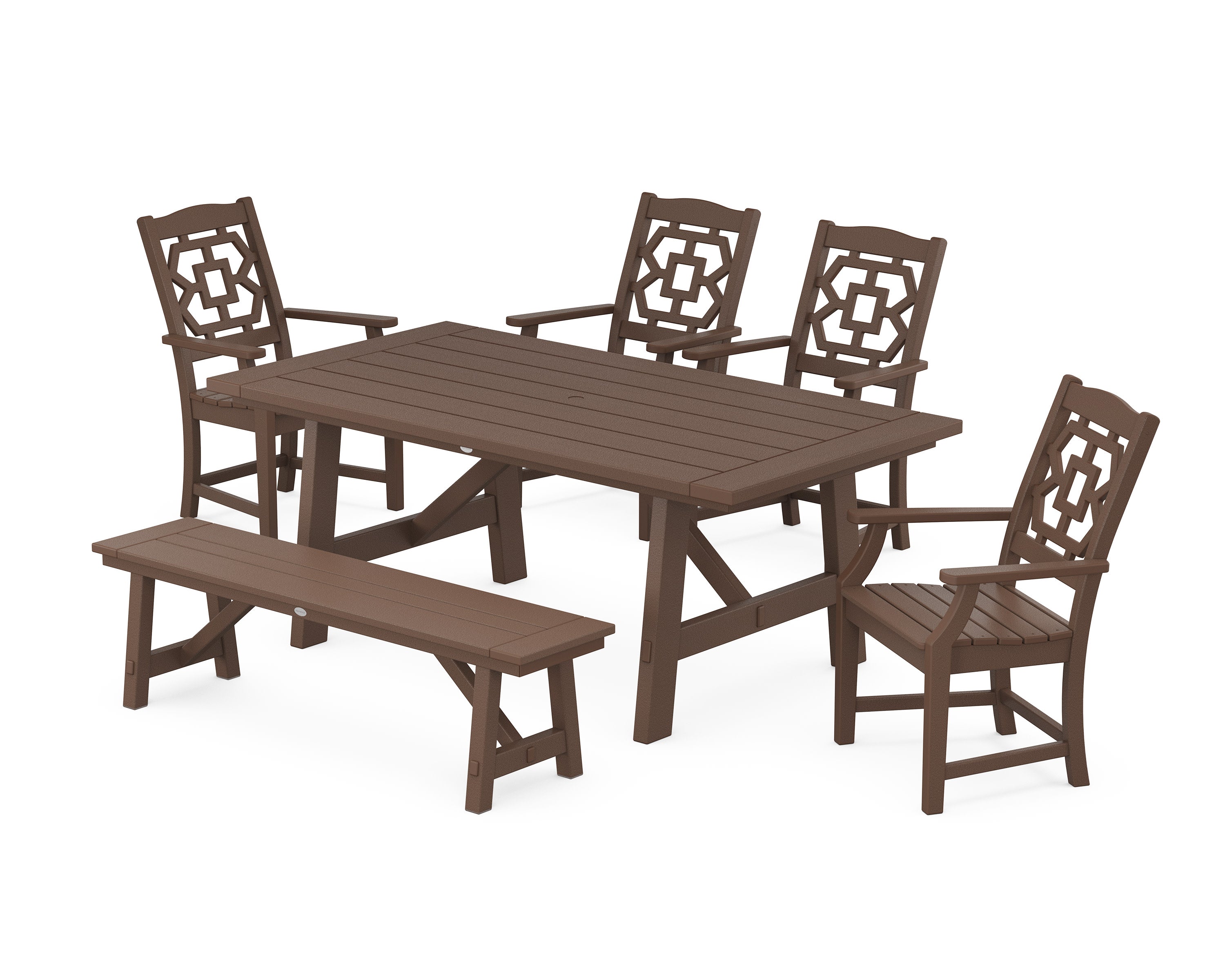 Chinoiserie 6-Piece Rustic Farmhouse Dining Set with Bench in Mahogany