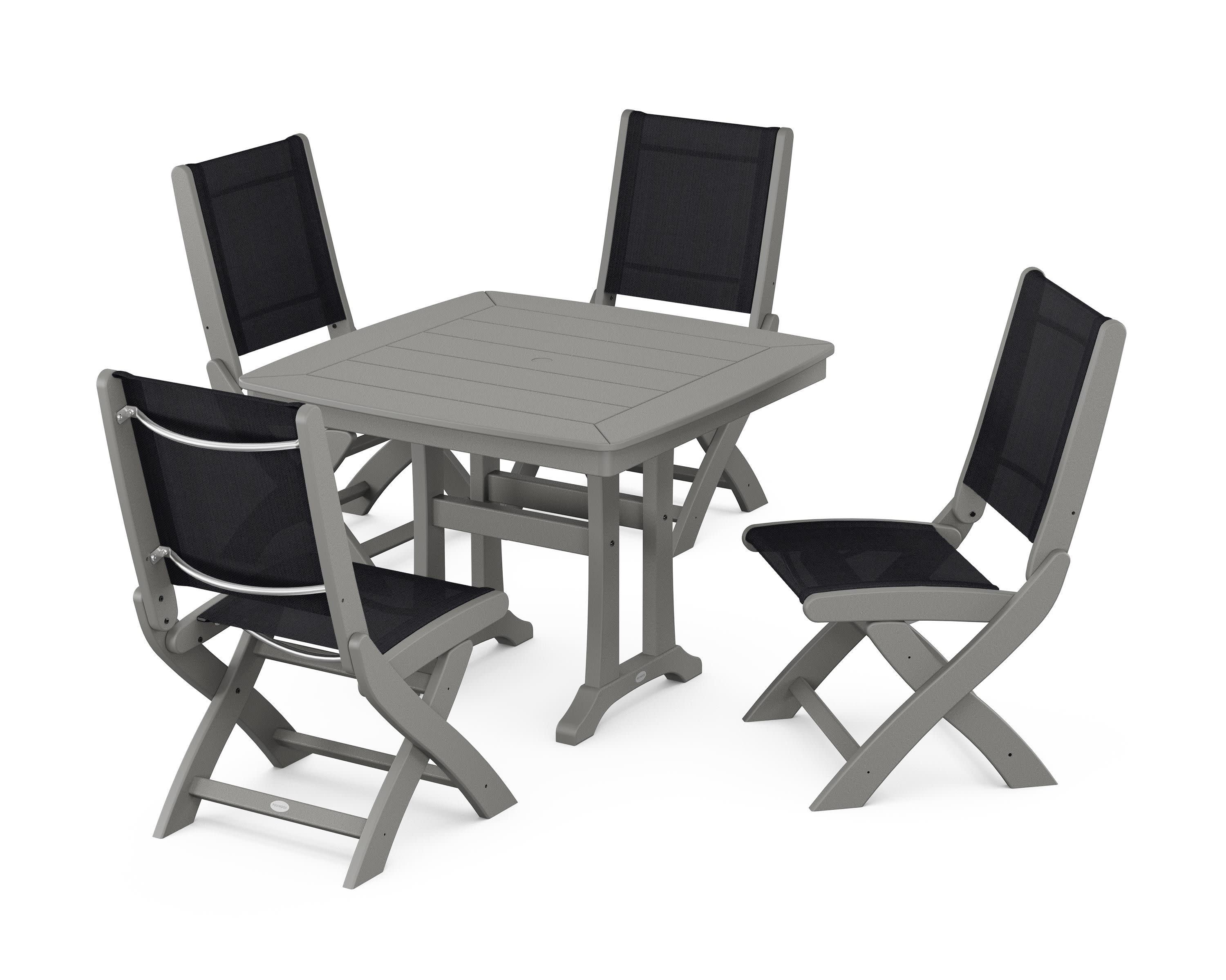 Coastal Folding Side Chair 5-Piece Dining Set with Trestle Legs in Slate Grey / Black Sling