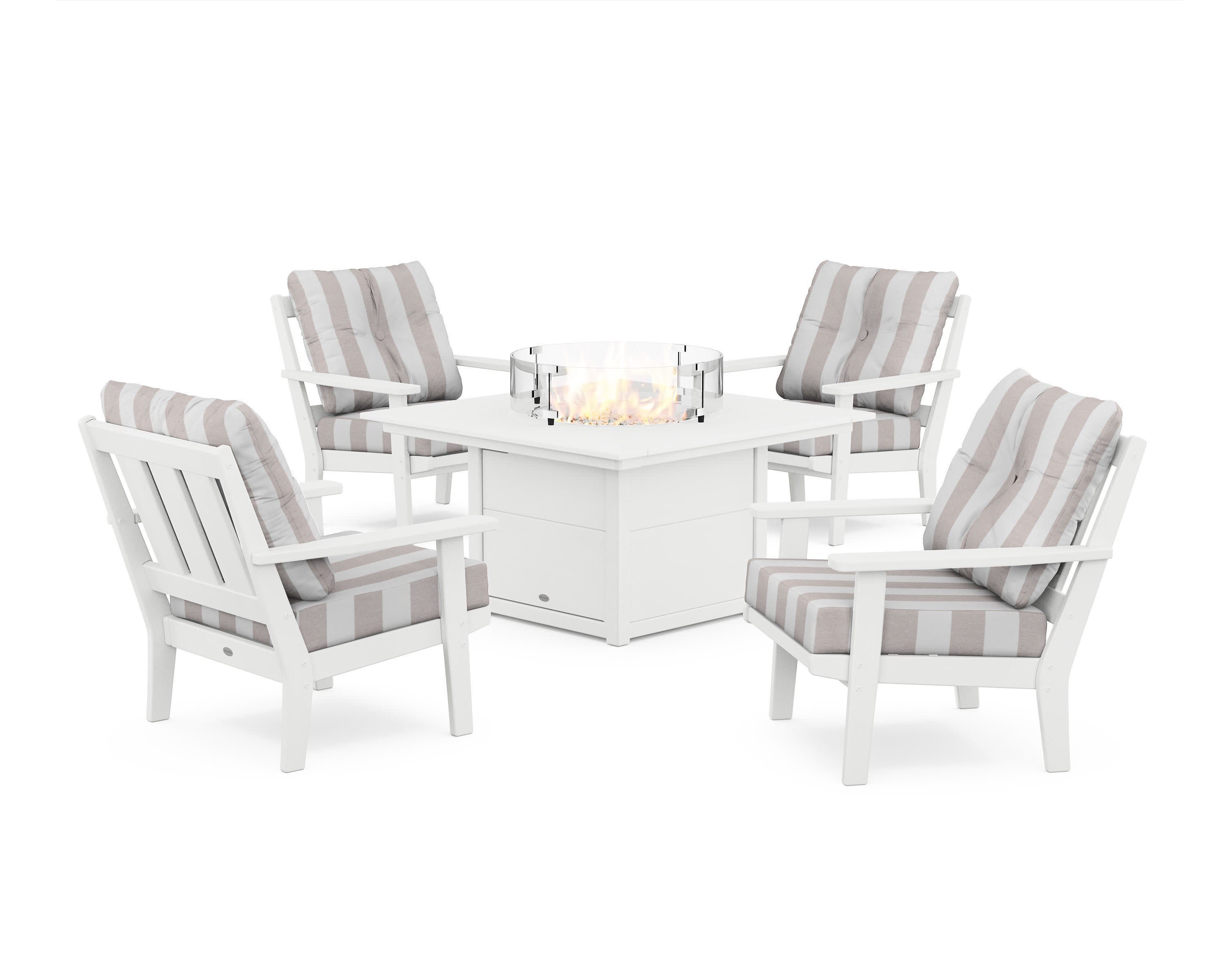 Oxford 5-Piece Deep Seating Set with Fire Pit Table in White / Cabana Stripe Dune Burlap
