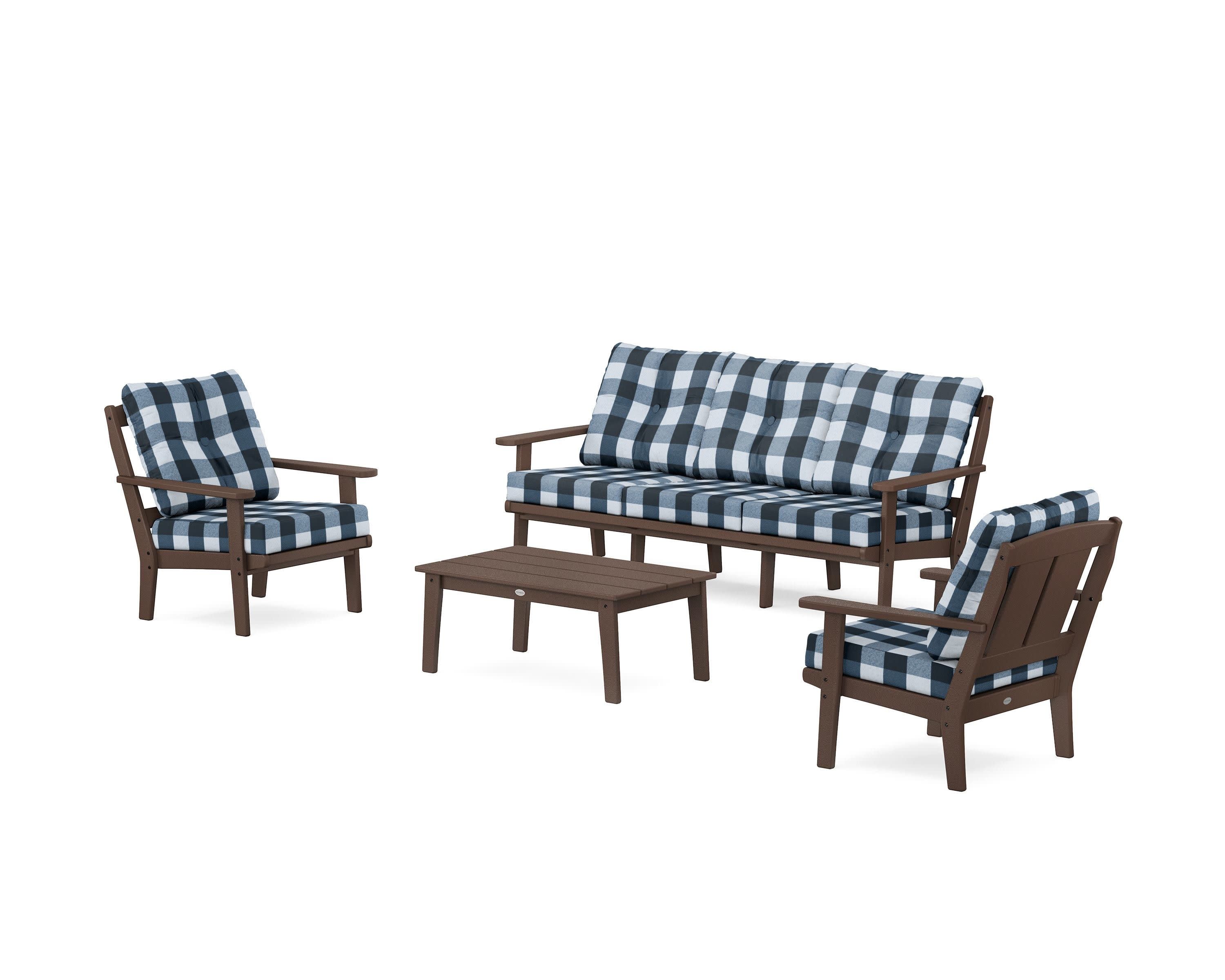 Mission 4-Piece Deep Seating Set with Sofa in Mahogany / Buffalo Plaid Marine Indigo