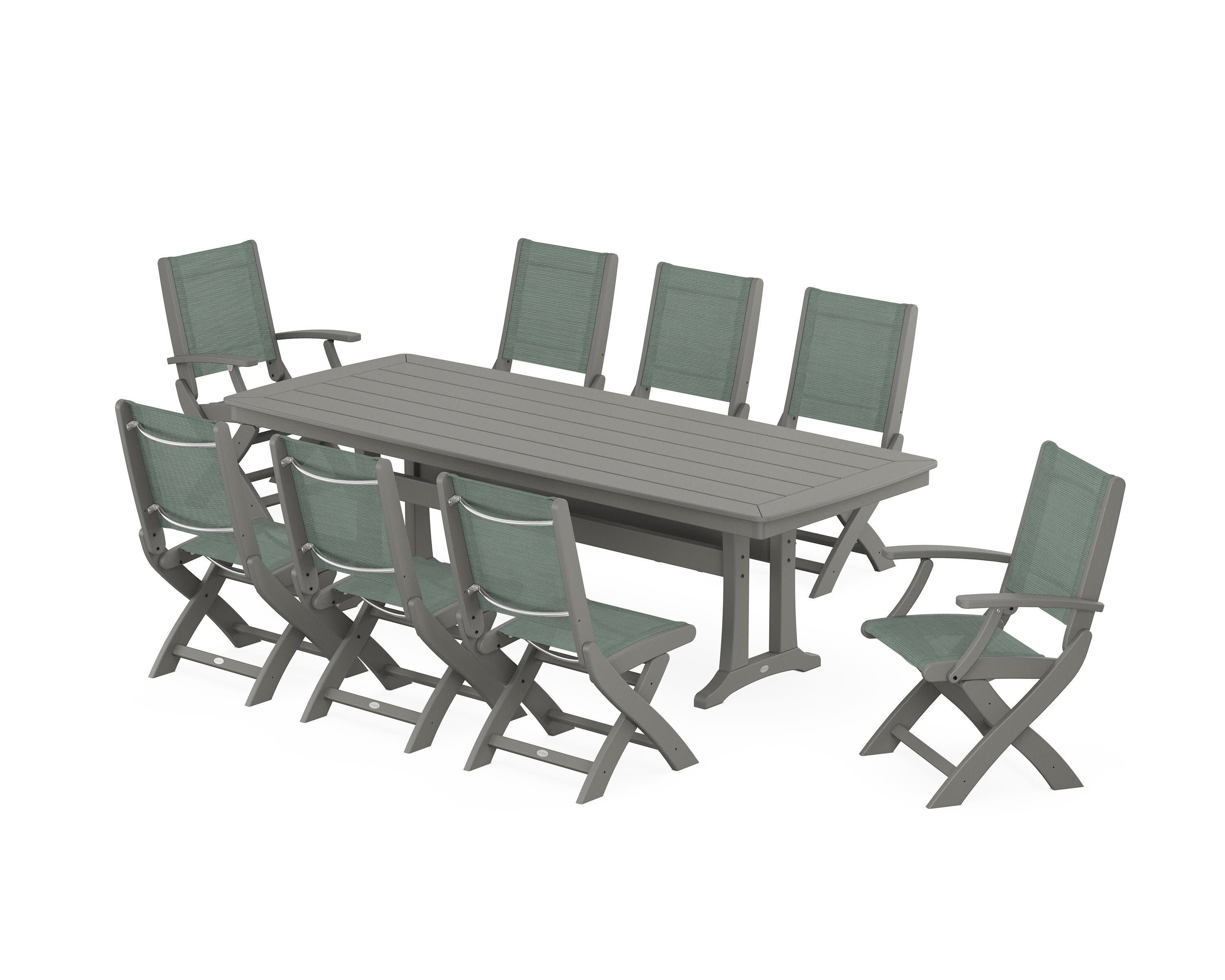 Coastal Folding 9-Piece Dining Set with Trestle Legs in Slate Grey / Dupioni Sea Mist Sling