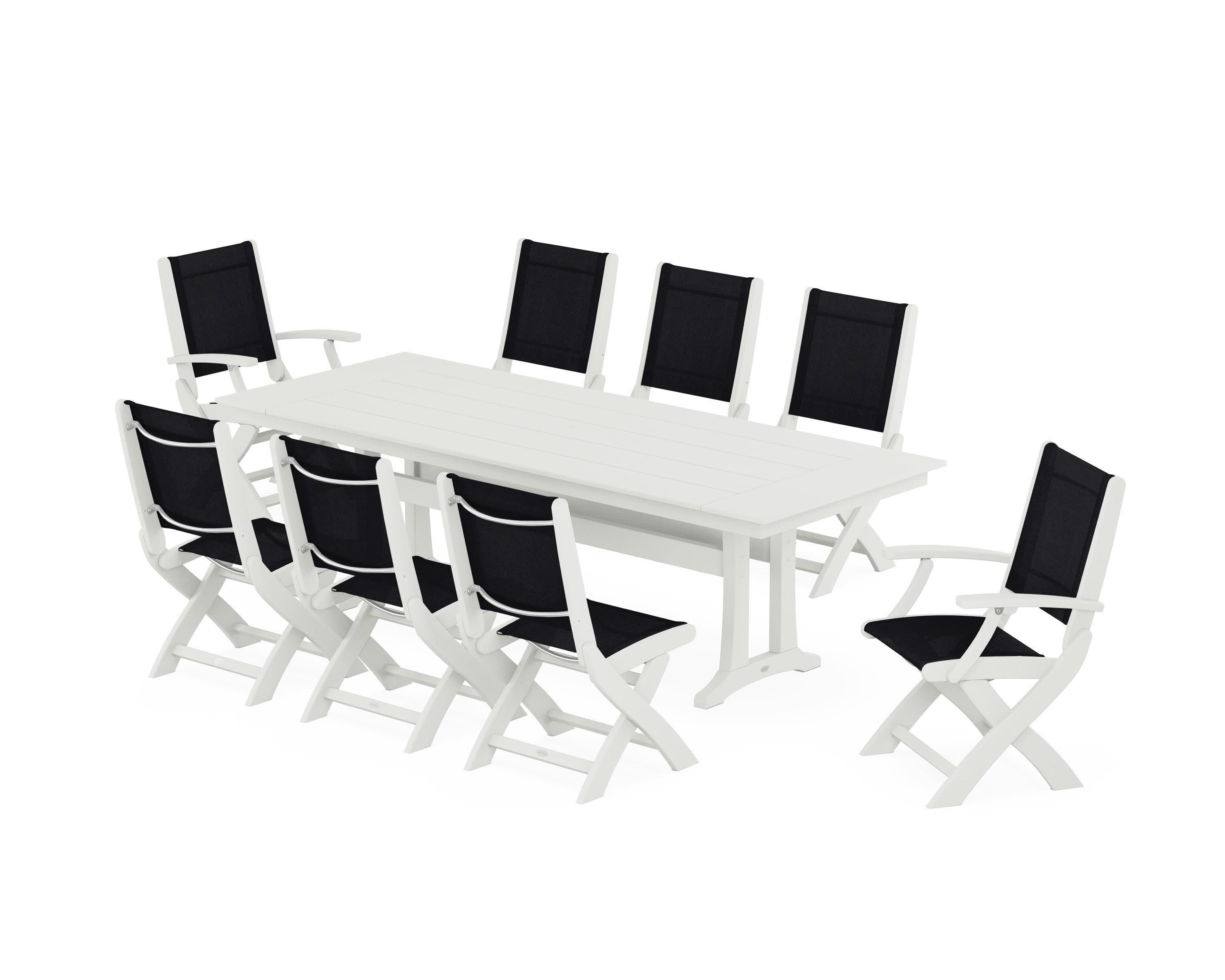 Coastal 9-Piece Folding Dining Chair Farmhouse Dining Set with Trestle Legs in Vintage White / Black Sling