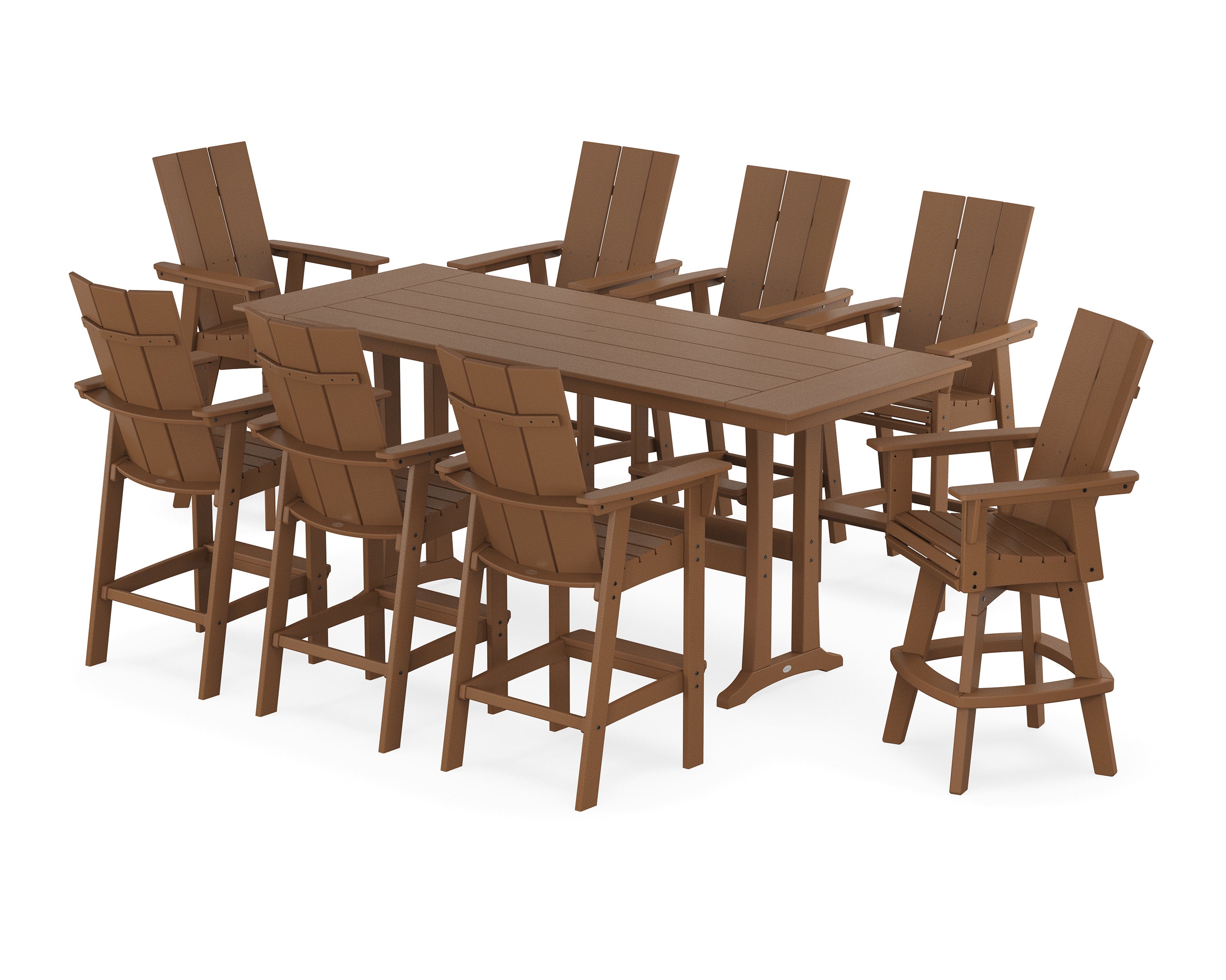 Modern Curveback Adirondack Swivel 9-Piece Farmhouse Bar Set with Trestle Legs in Teak
