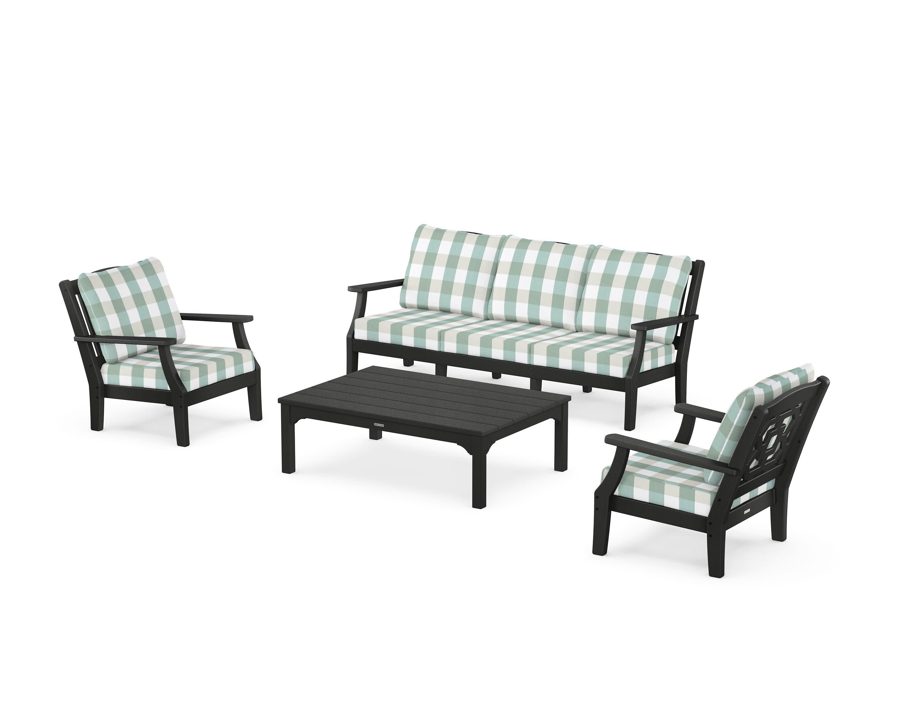 Chinoiserie 4-Piece Deep Seating Set with Sofa in Black / Buffalo Plaid Glacier Spa
