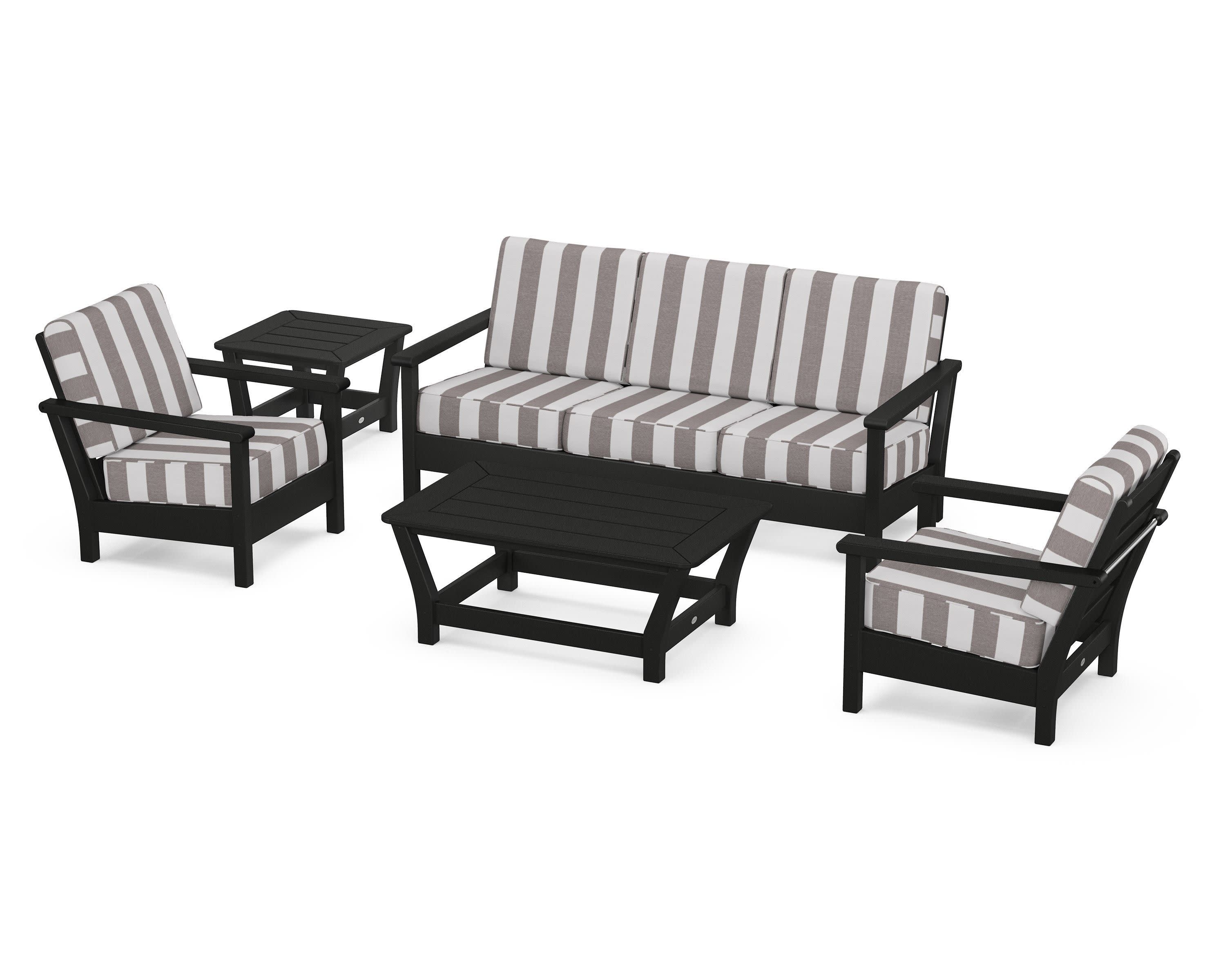 Harbour 5-Piece Deep Seating Set in Black / Cabana Stripe Grey Mist
