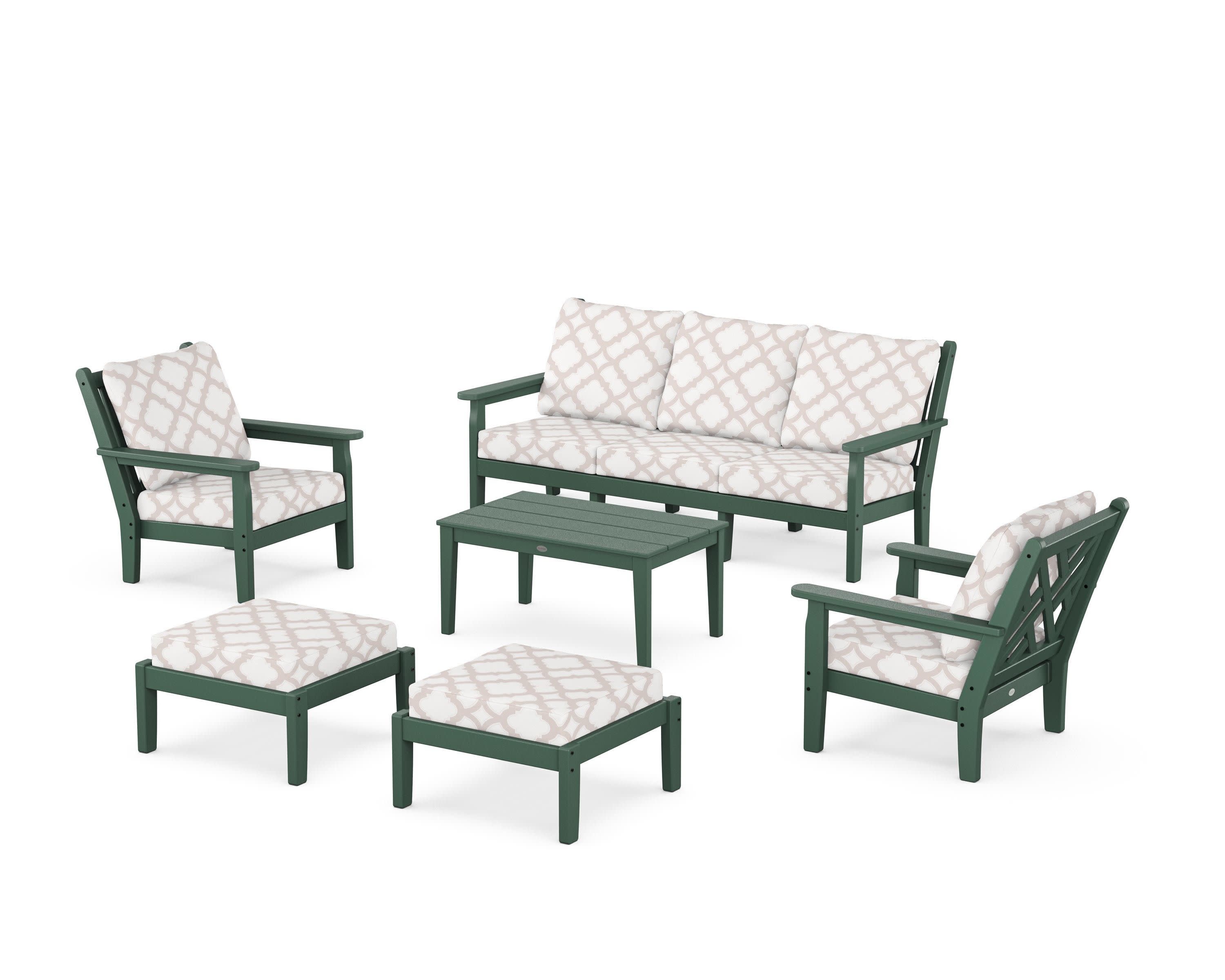 Chippendale 6-Piece Lounge Sofa Set in Green / Trellis Dune Burlap