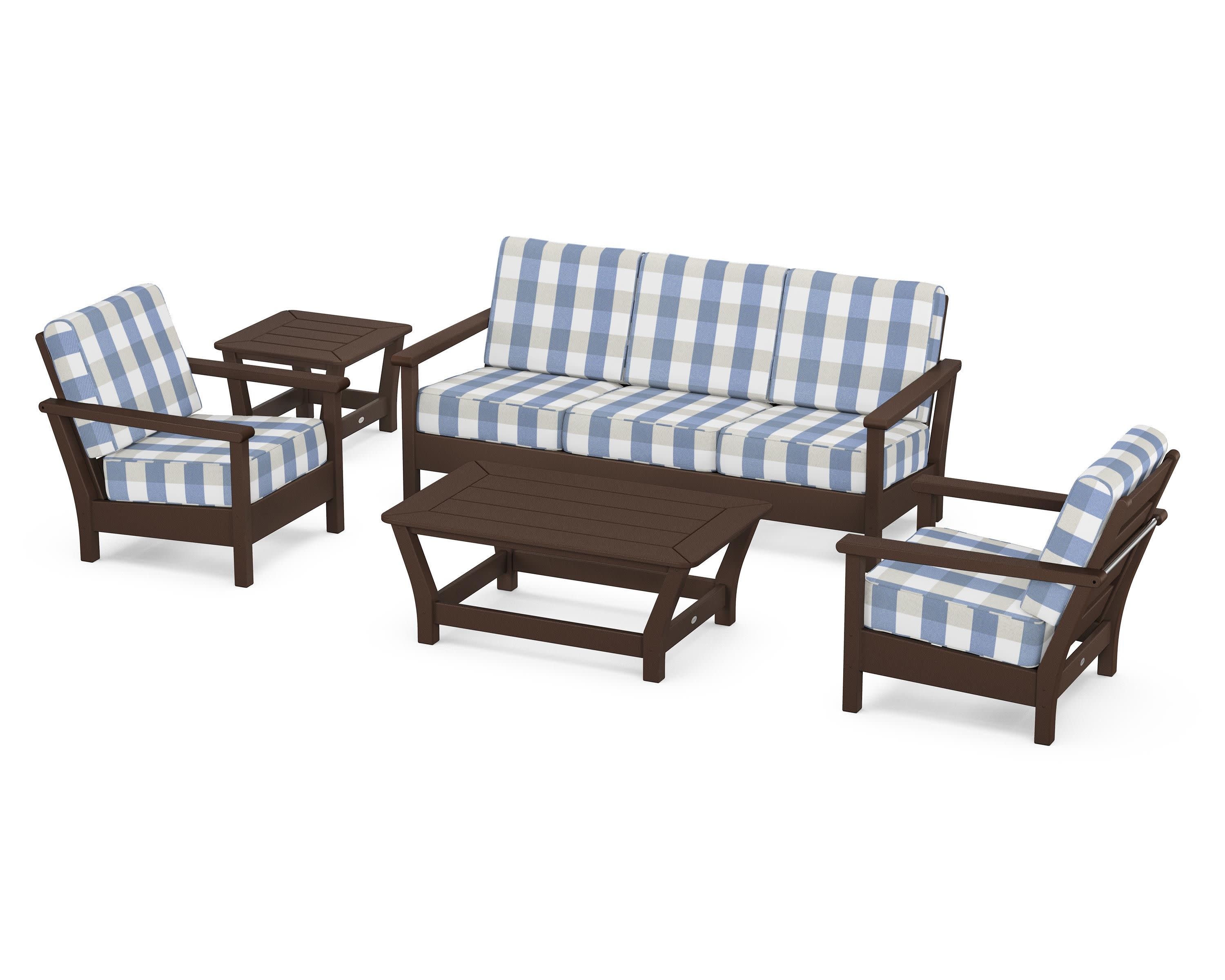 Harbour 5-Piece Deep Seating Set in Mahogany / Buffalo Plaid Sky Blue