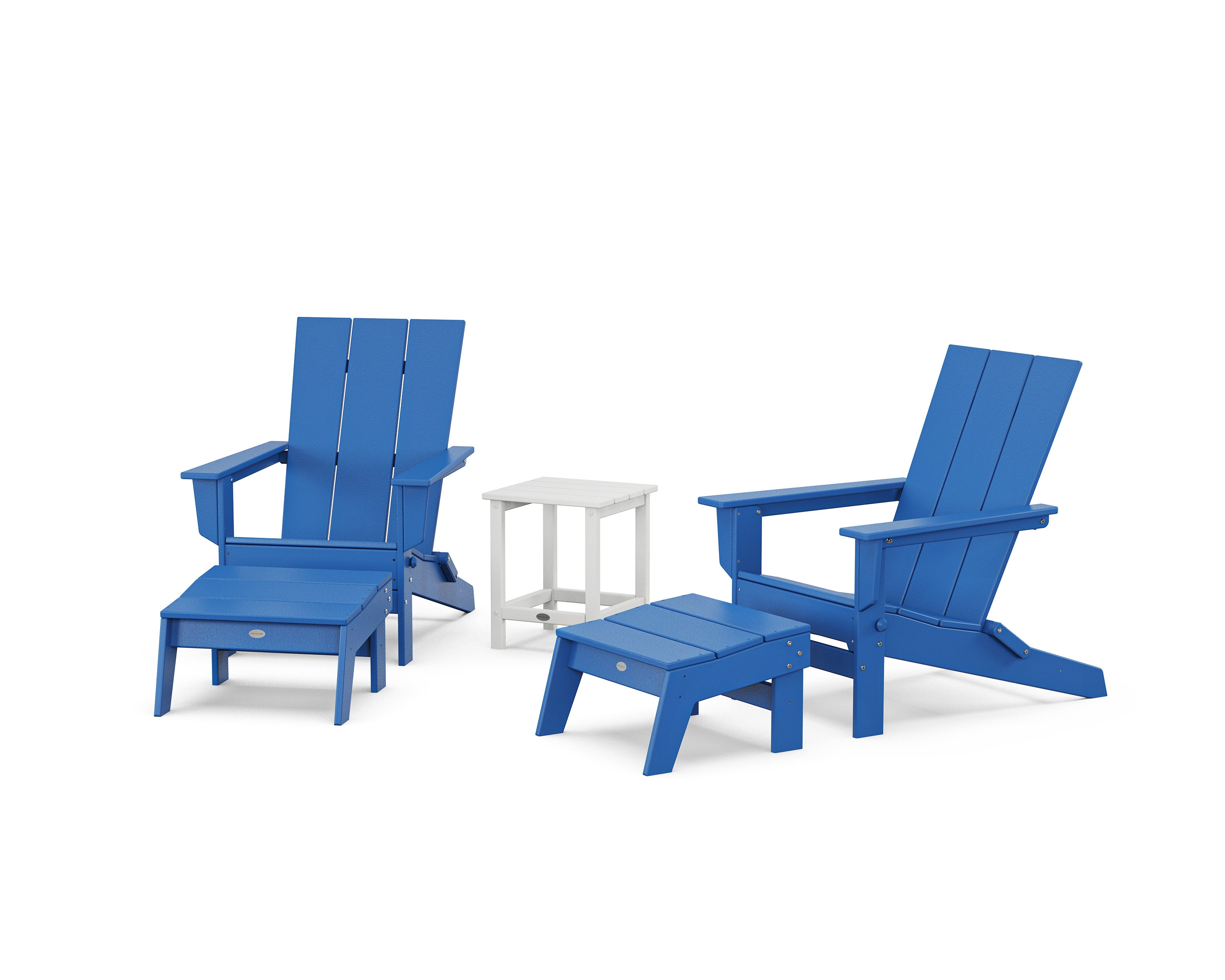 5-Piece Modern Studio Folding Adirondack Set with Ottomans and Side Table in Pacific Blue / White