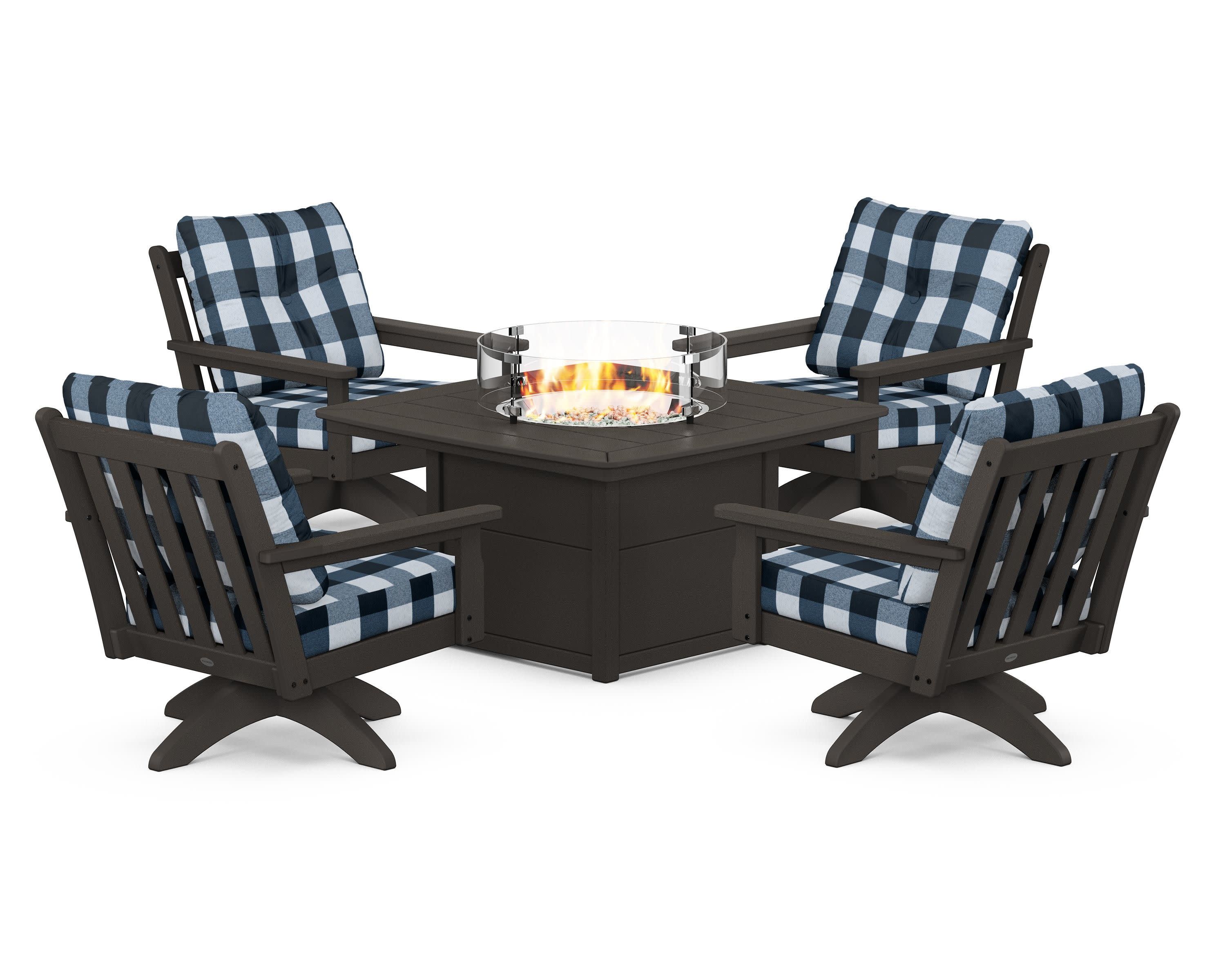Vineyard 5-Piece Deep Seating Swivel Conversation Set with Fire Pit Table in Vintage Coffee / Buffalo Plaid Marine Indigo