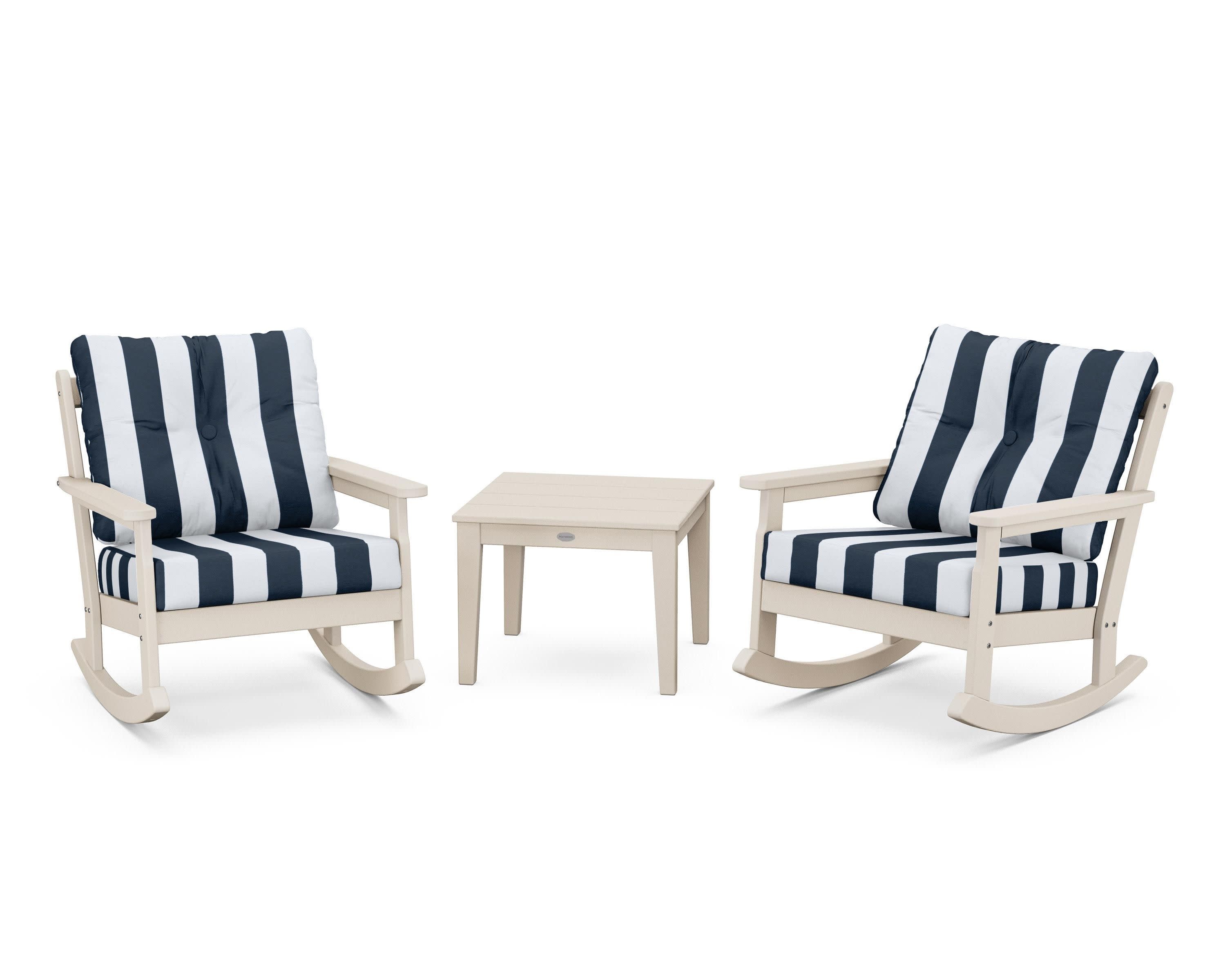 Vineyard 3-Piece Deep Seating Rocker Set in Sand / Cabana Stripe Marine Indigo