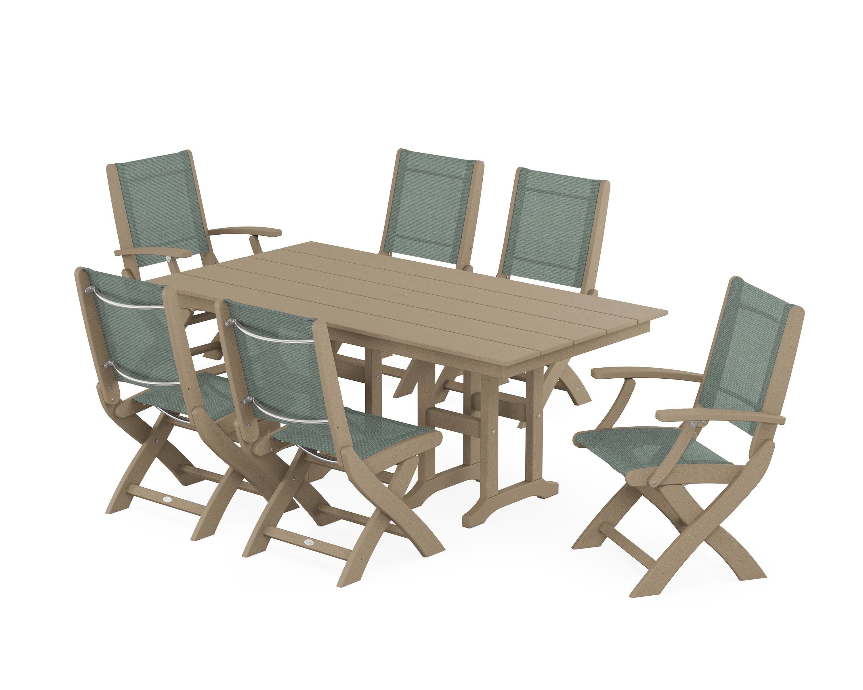 Coastal Folding Chair 7-Piece Farmhouse Dining Set in Vintage Sahara / Dupioni Sea Mist Sling