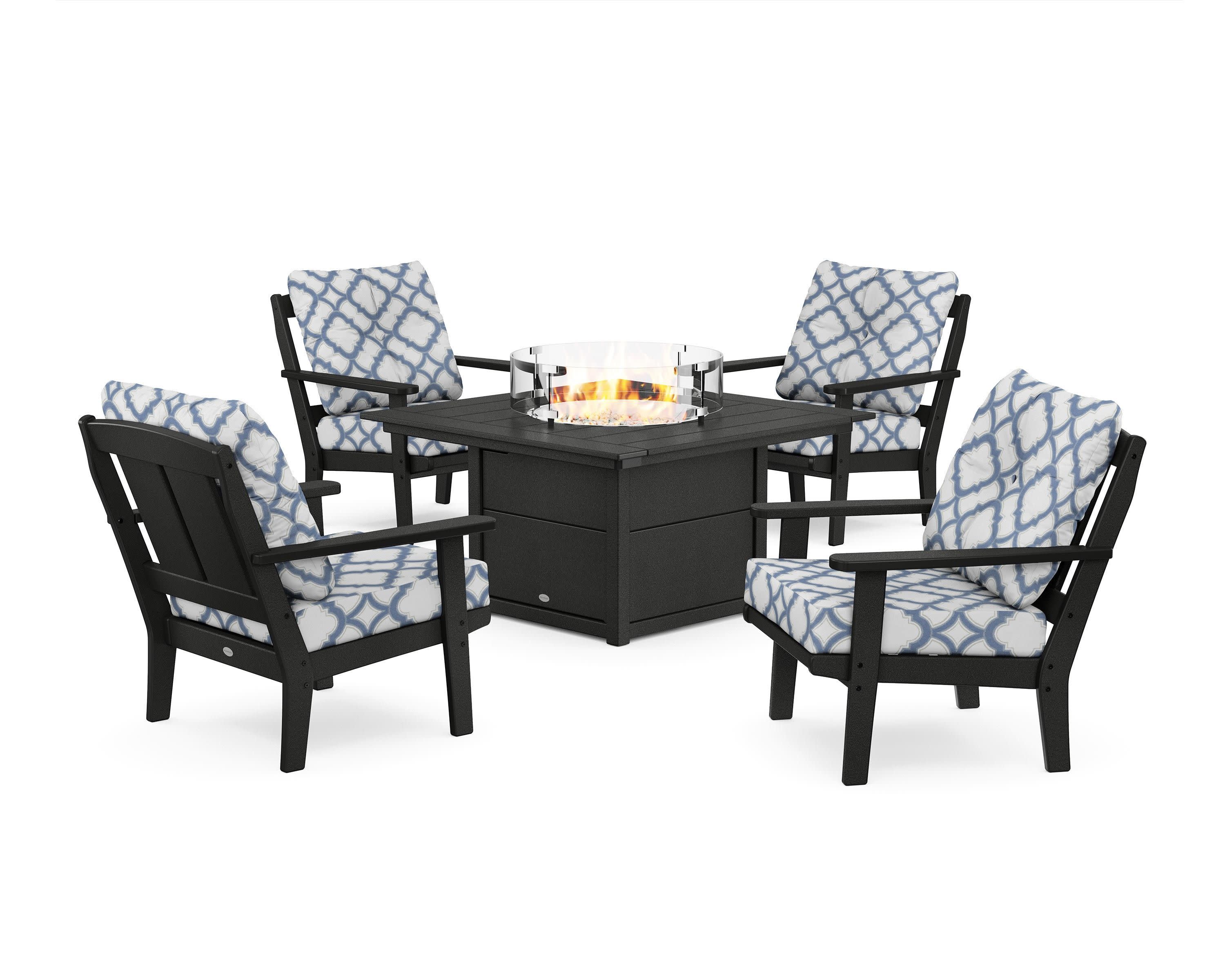 Mission 5-Piece Deep Seating Set with Fire Pit Table in Black / Trellis Sky Blue