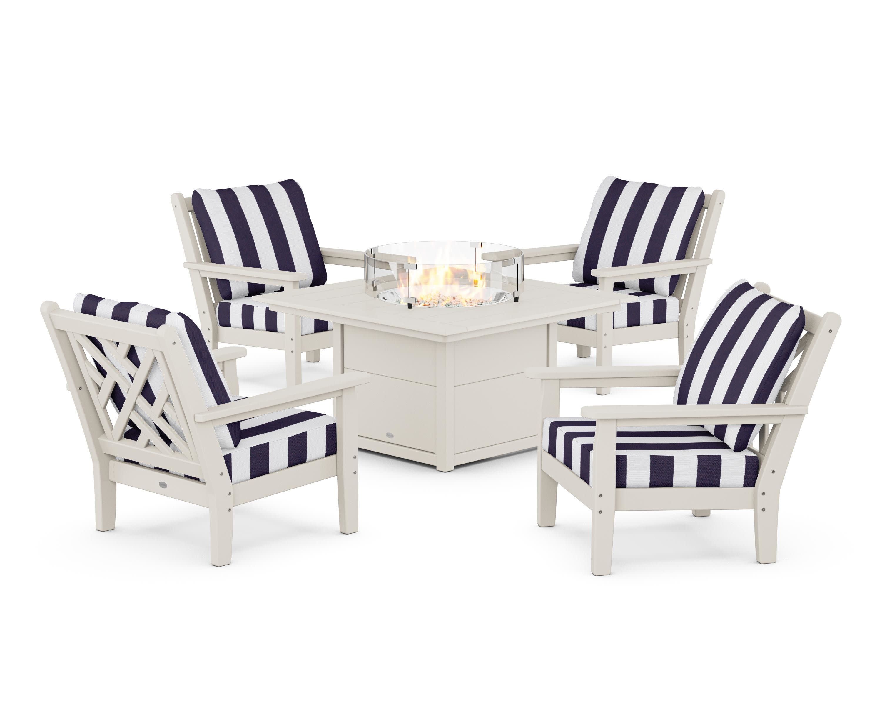 Chippendale 5-Piece Deep Seating Set with Fire Pit Table in Sand / Cabana Stripe Navy