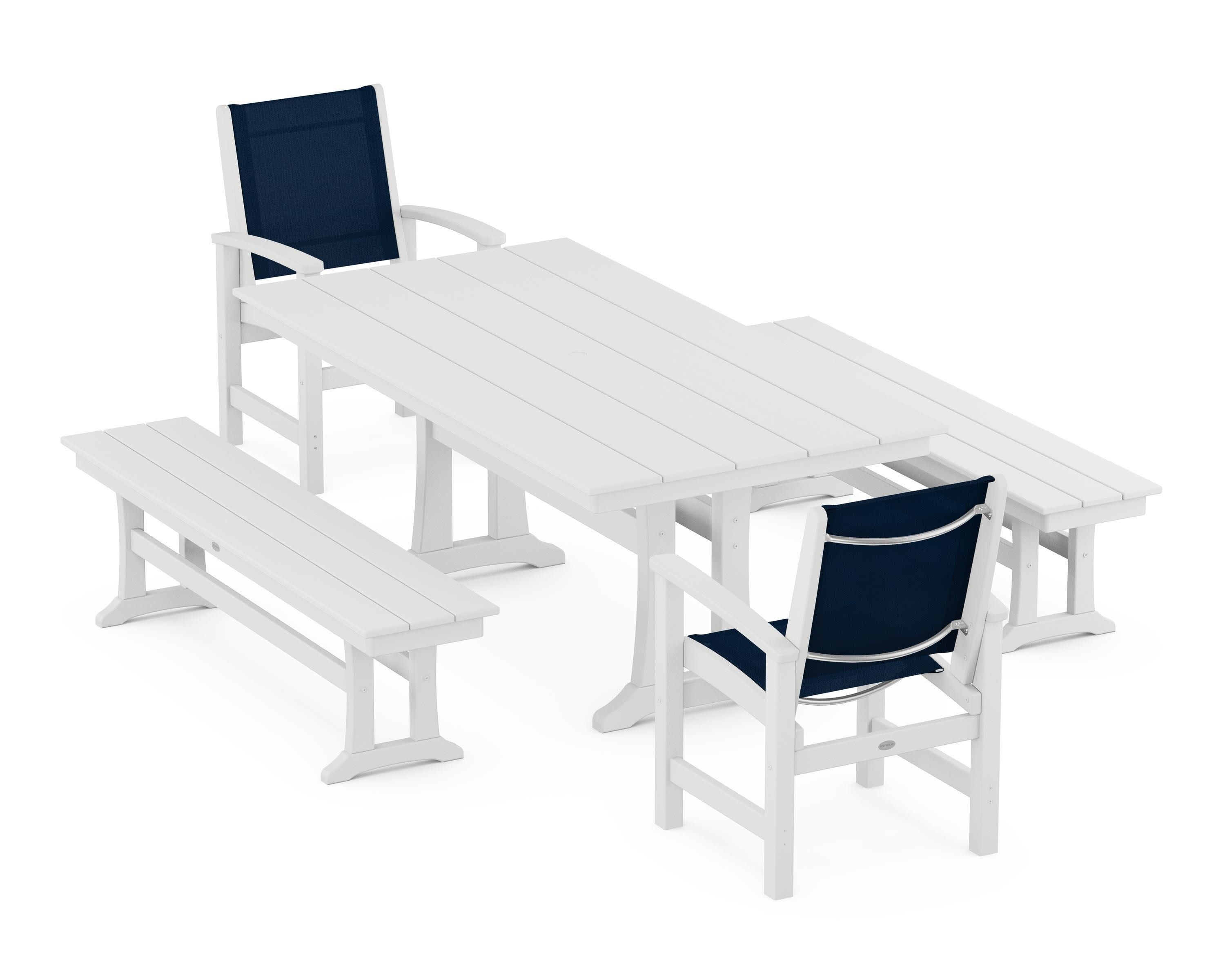 Coastal 5-Piece Farmhouse Dining Set with Trestle Legs and Benches in White / Navy Blue Sling