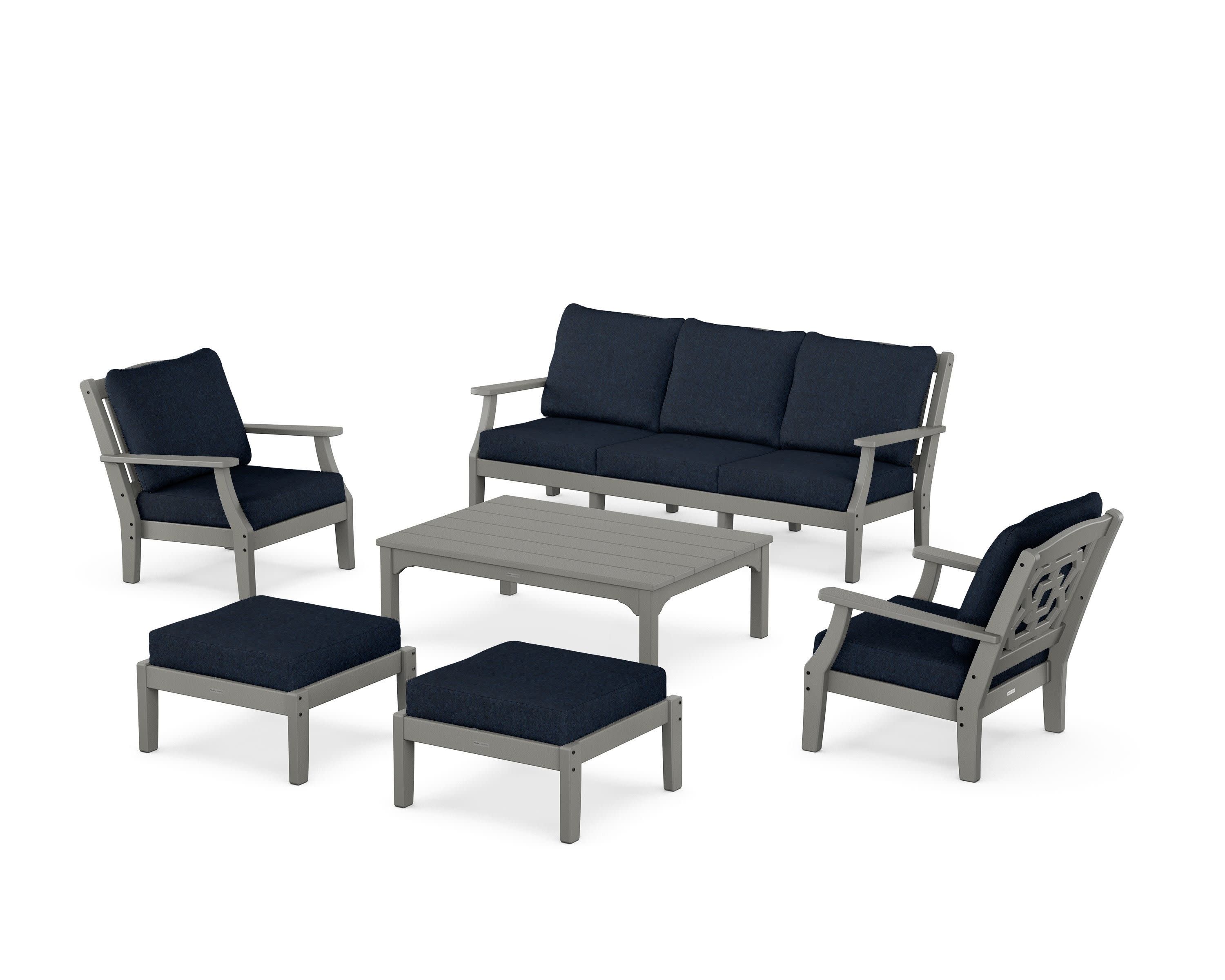 Chinoiserie 6-Piece Lounge Sofa Set in Slate Grey / Marine Indigo