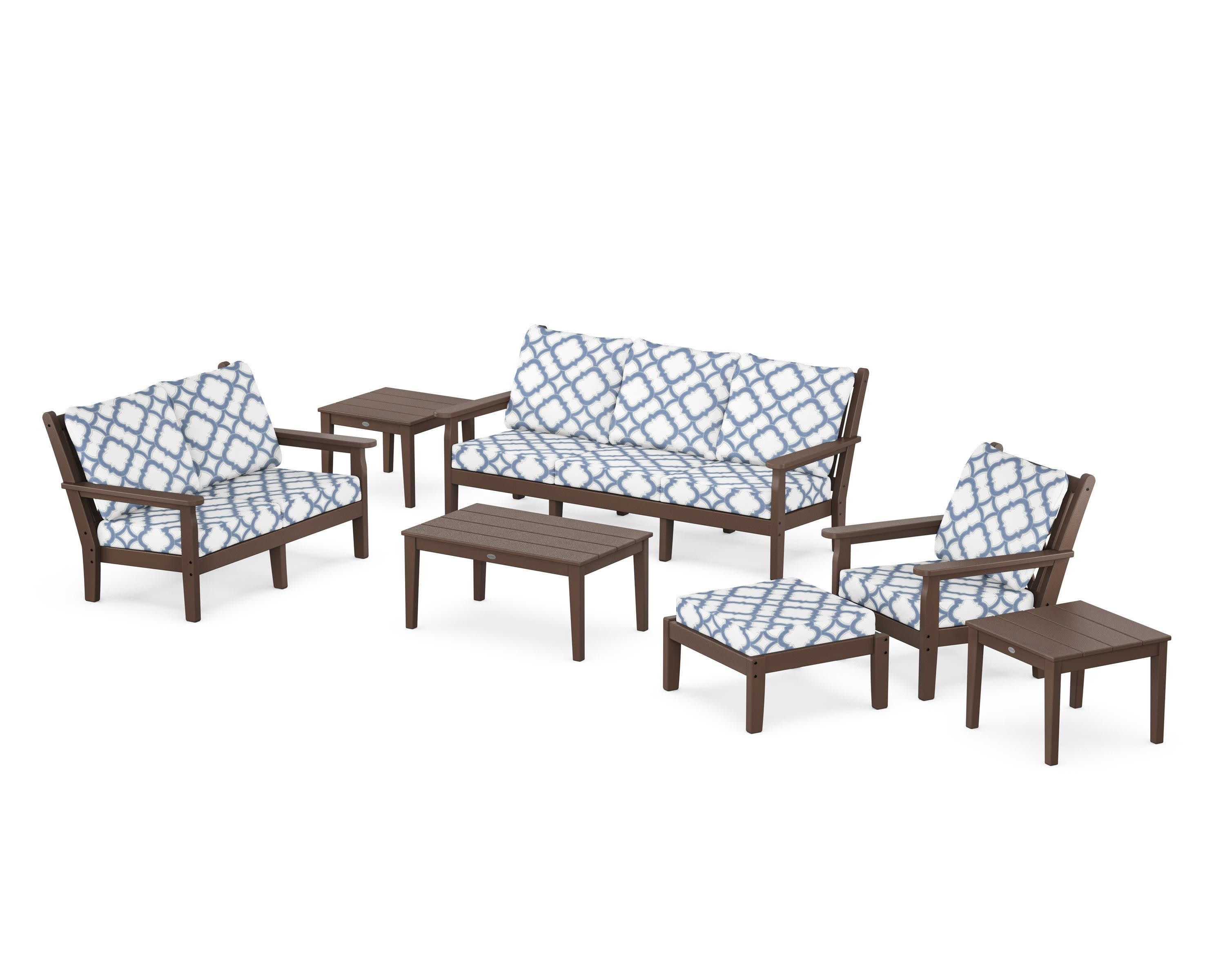 Chippendale 7-Piece Deep Seating Set in Mahogany / Trellis Sky Blue