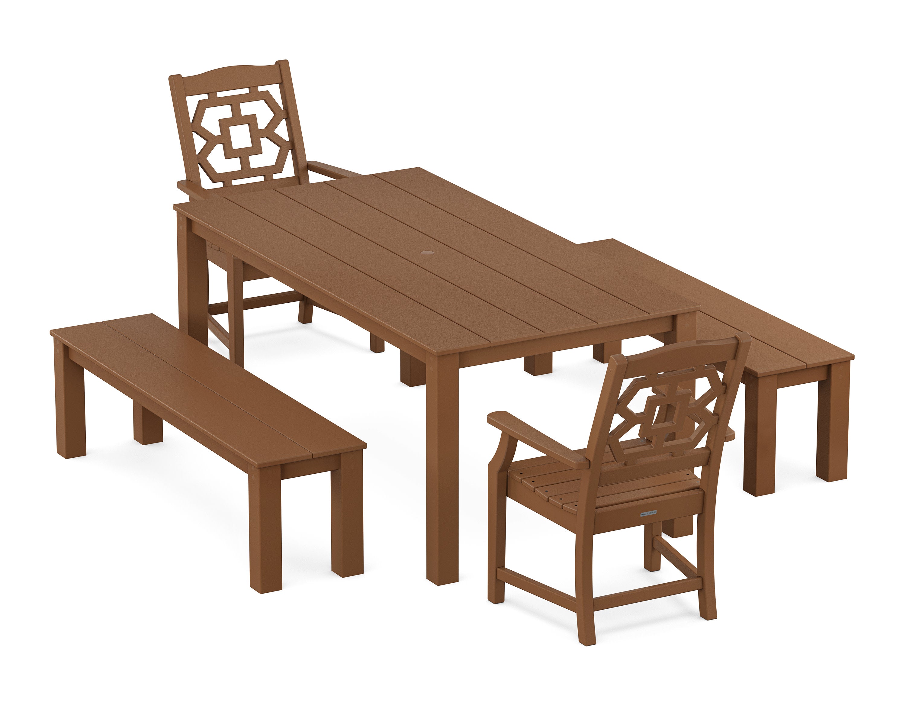 Chinoiserie 5-Piece Parsons Dining Set with Benches in Teak