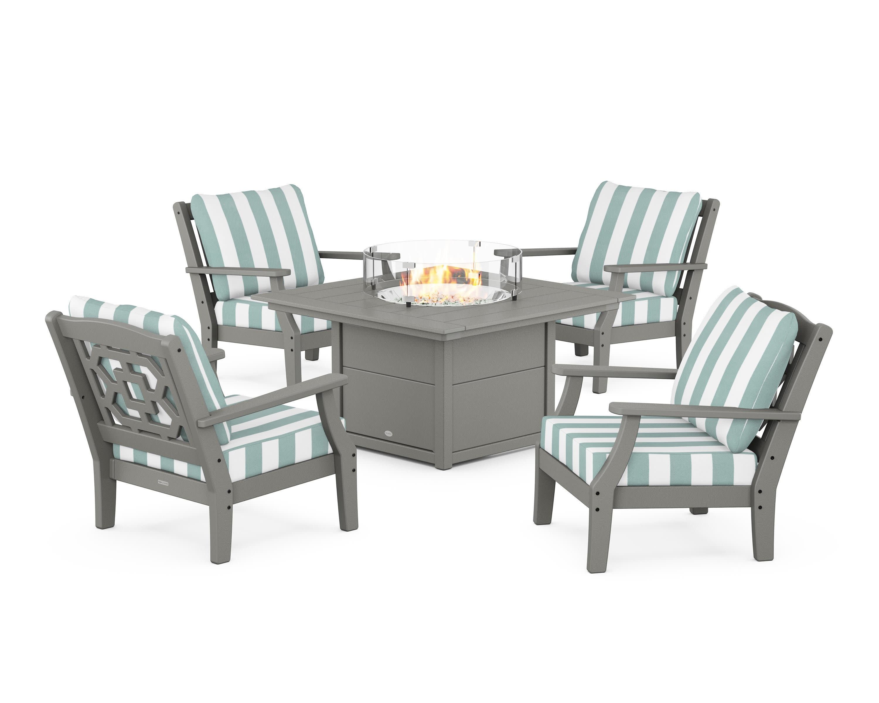 Chinoiserie 5-Piece Deep Seating Set with Fire Pit Table in Slate Grey / Cabana Stripe Glacier Spa