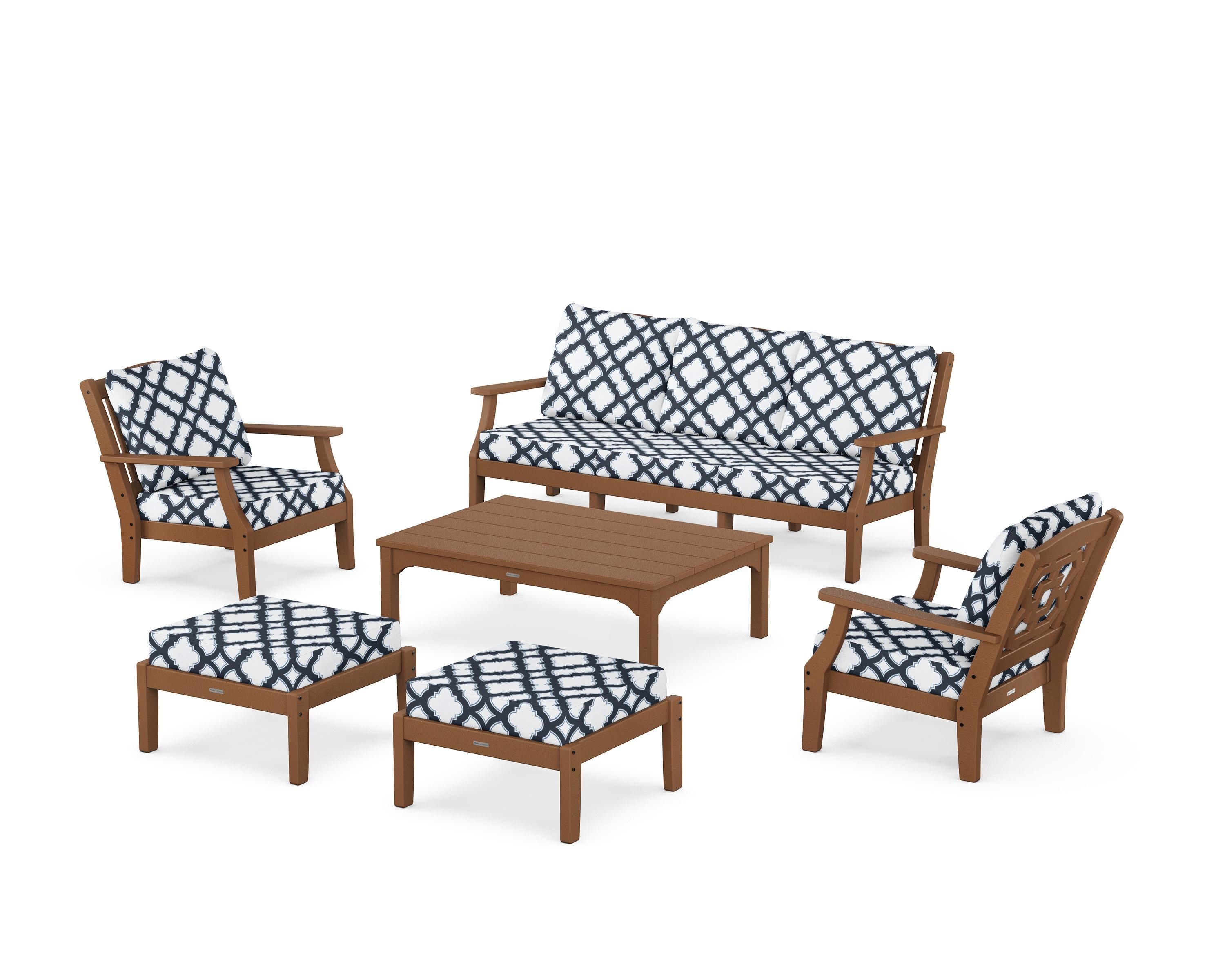 Chinoiserie 6-Piece Lounge Sofa Set in Teak / Trellis Marine Indigo