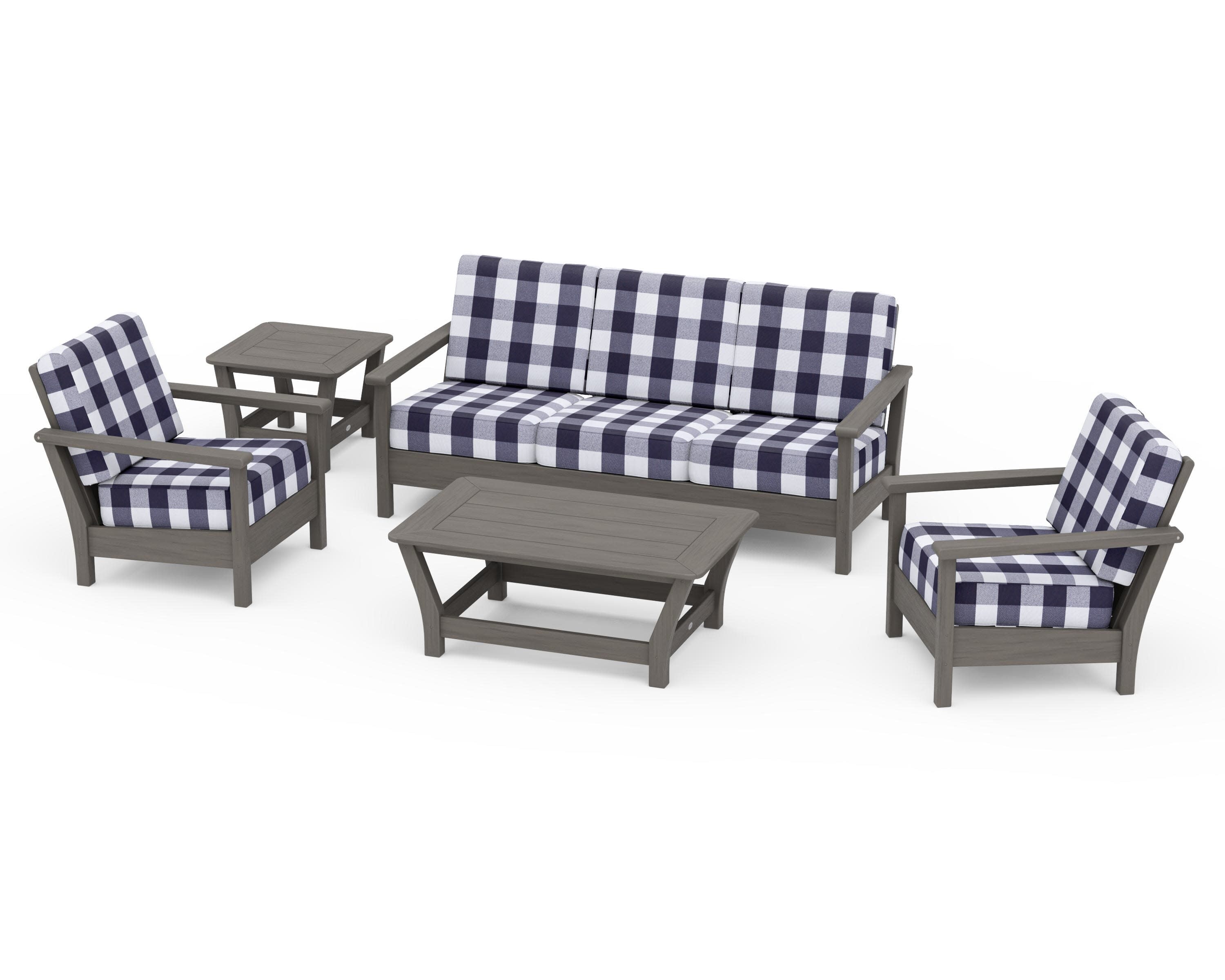 Harbour 5-Piece Deep Seating Set in Driftwood / Buffalo Plaid Navy