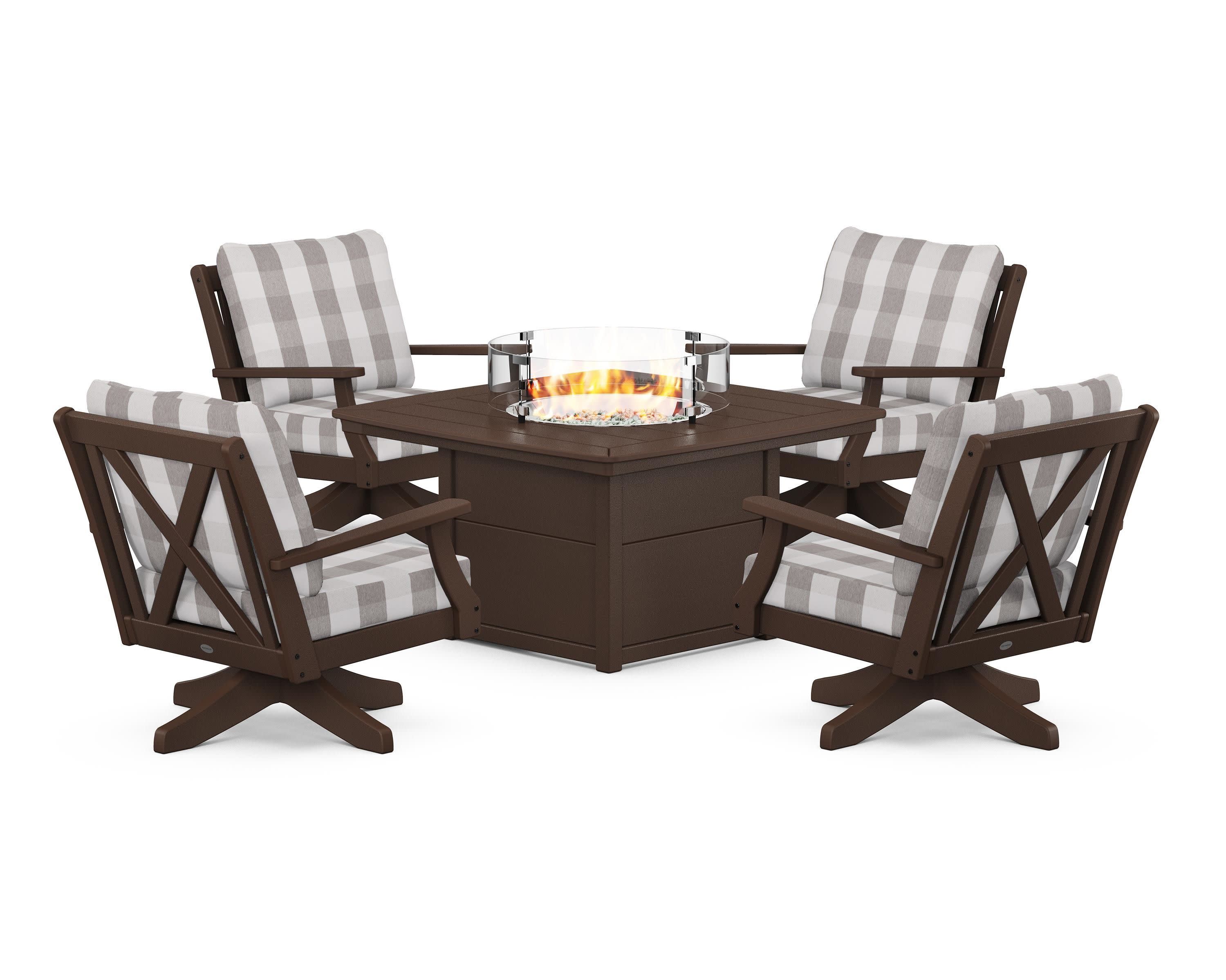 Braxton 5-Piece Deep Seating Swivel Conversation Set with Fire Pit Table in Mahogany / Buffalo Plaid Grey Mist