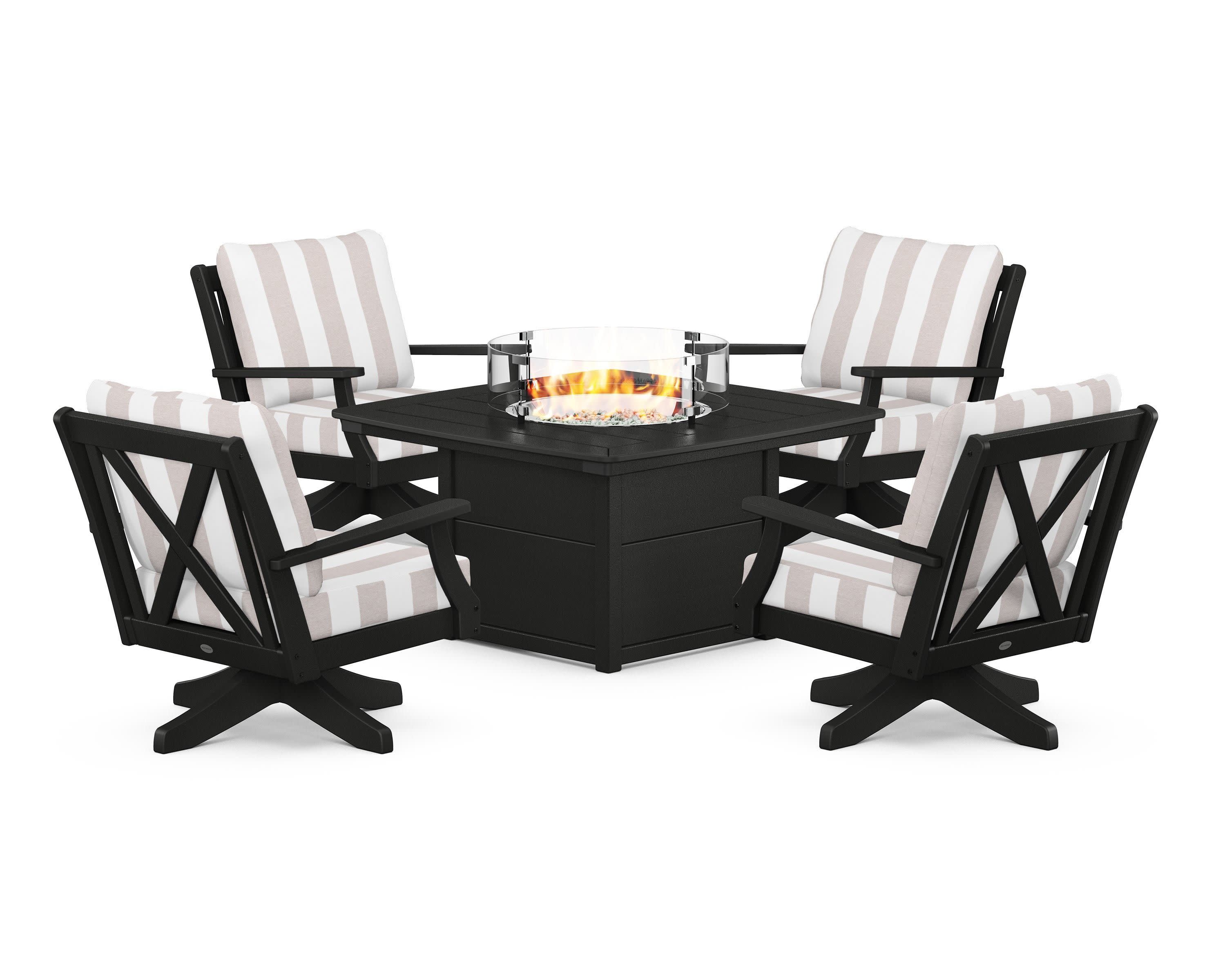 Braxton 5-Piece Deep Seating Swivel Conversation Set with Fire Pit Table in Black / Cabana Stripe Dune Burlap