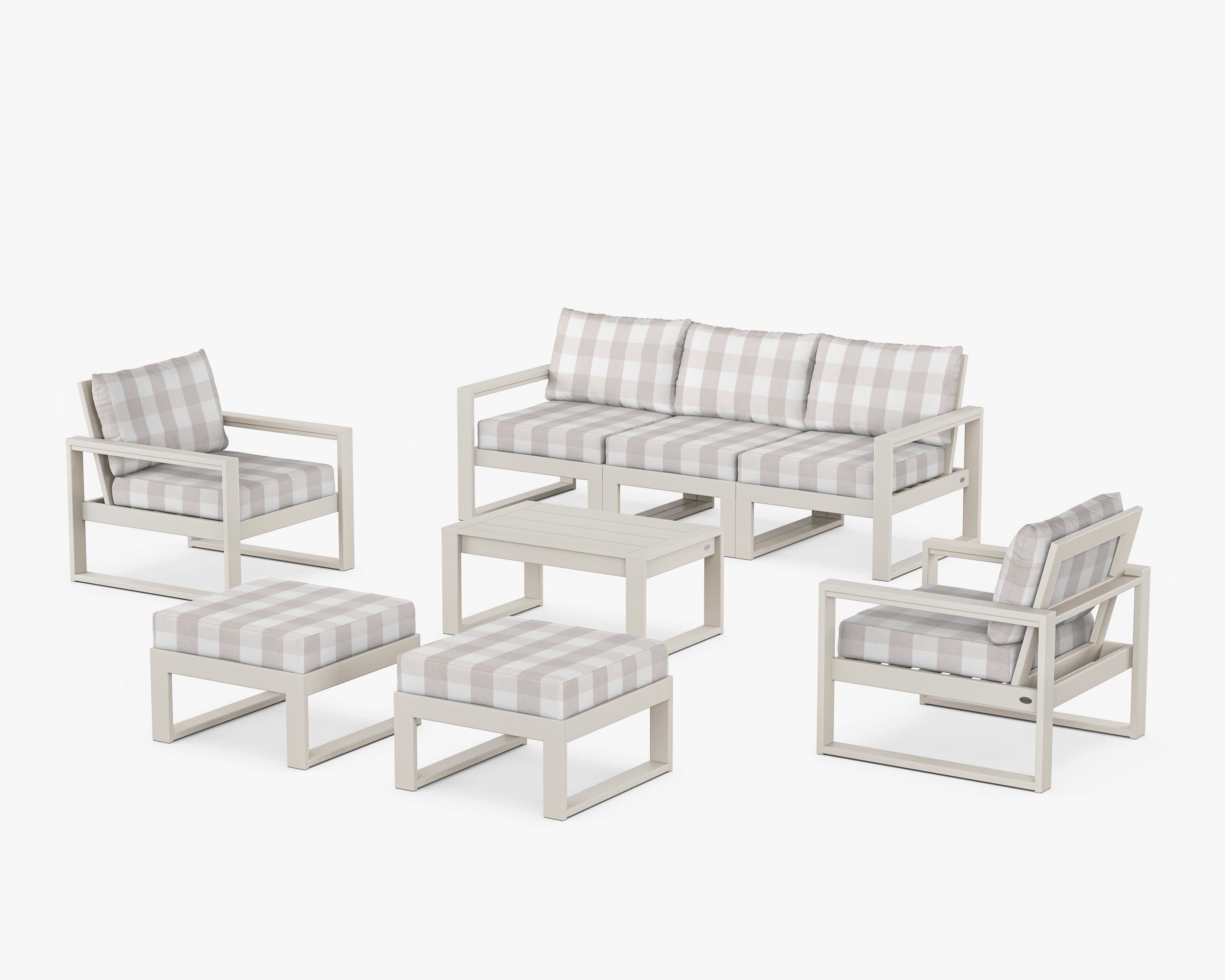 EDGE Sectional 8-Piece Lounge Sofa Set in Sand / Buffalo Plaid Dune Burlap
