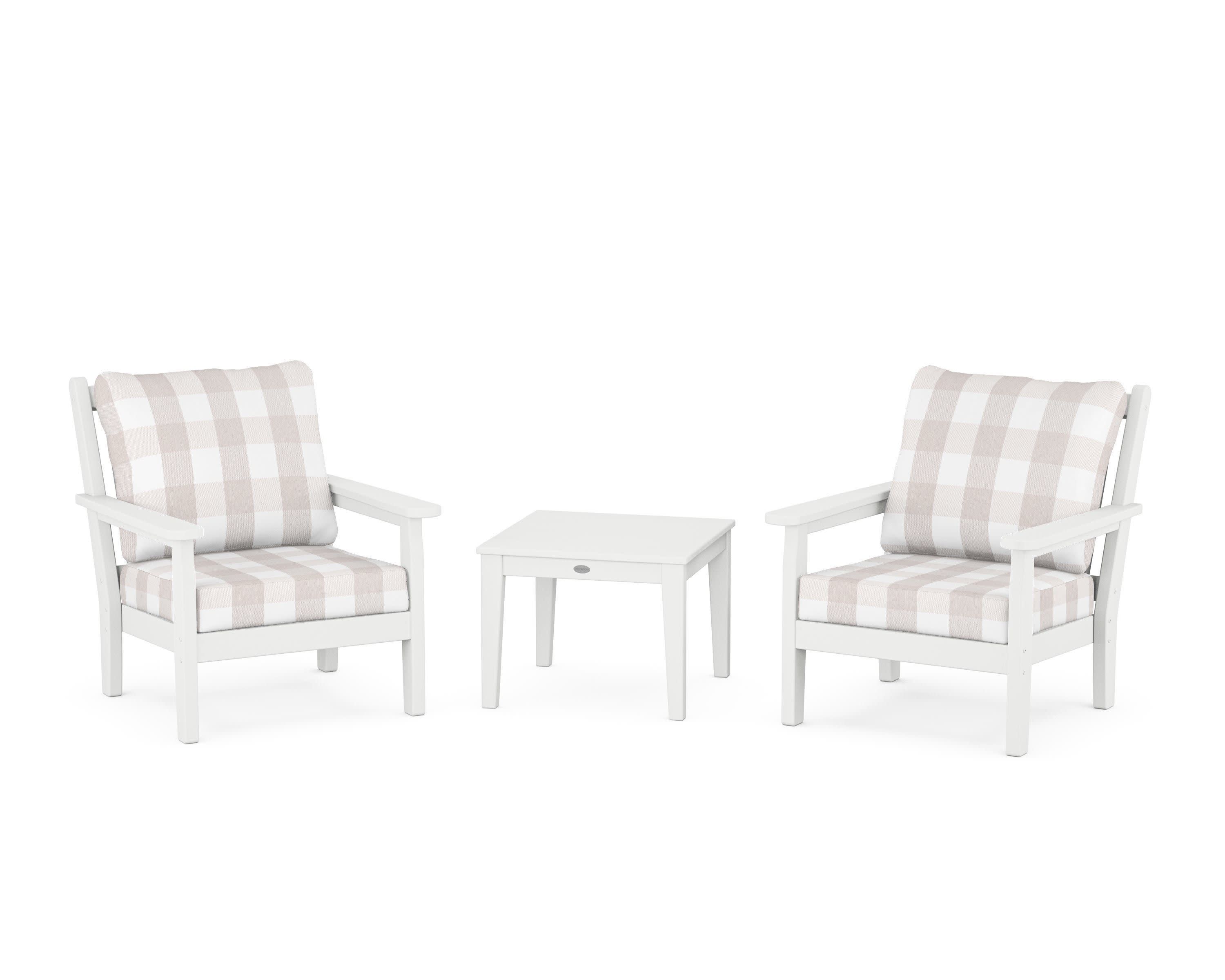 Chippendale 3-Piece Deep Seating Set in White / Buffalo Plaid Dune Burlap