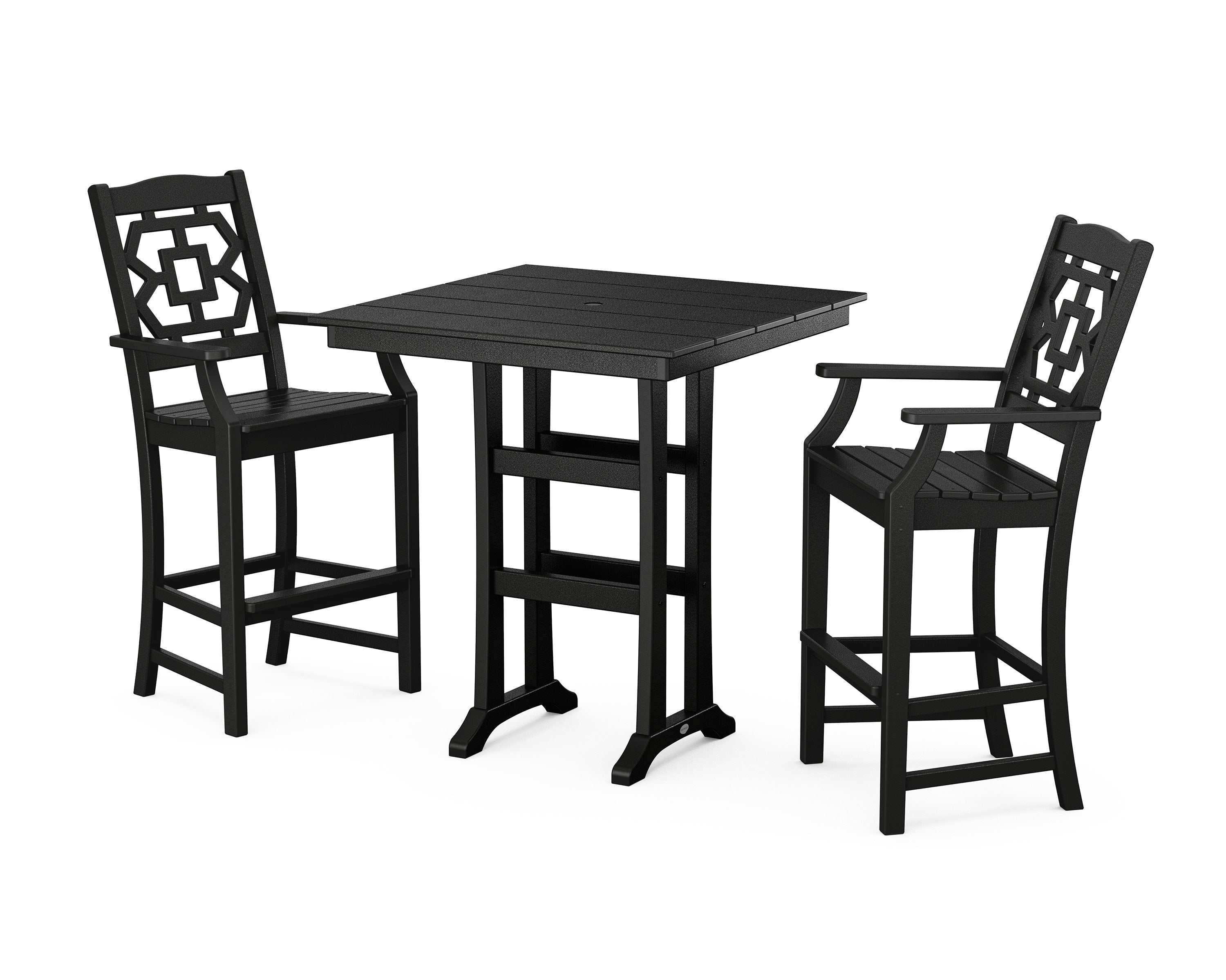 Chinoiserie 3-Piece Farmhouse Bar Set with Trestle Legs in Black