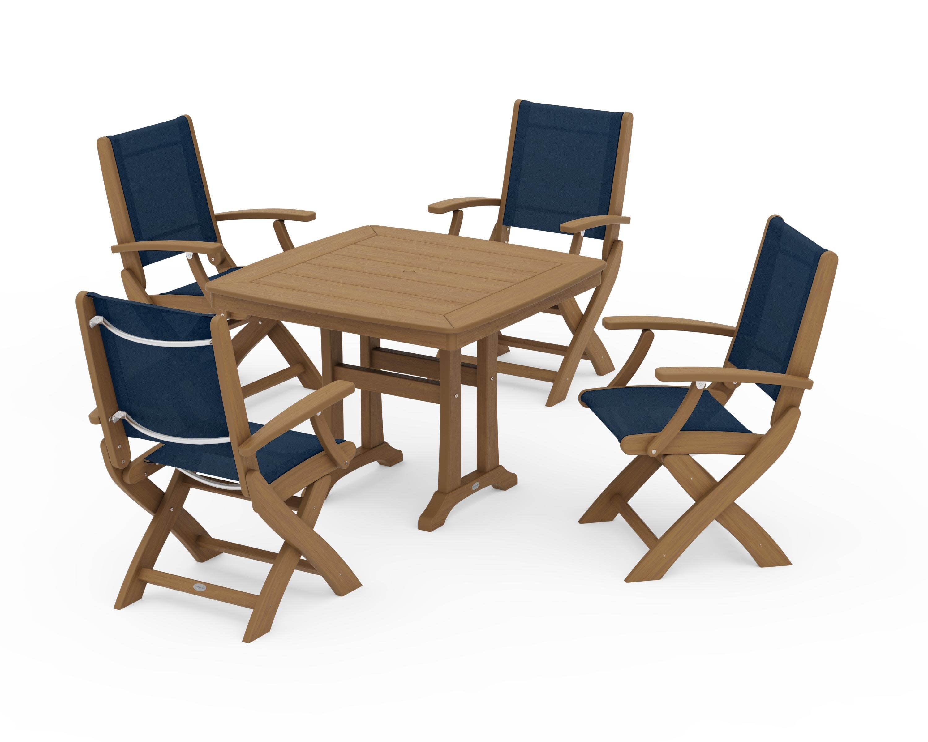Coastal Folding Chair 5-Piece Dining Set with Trestle Legs in Natural / Navy Blue Sling