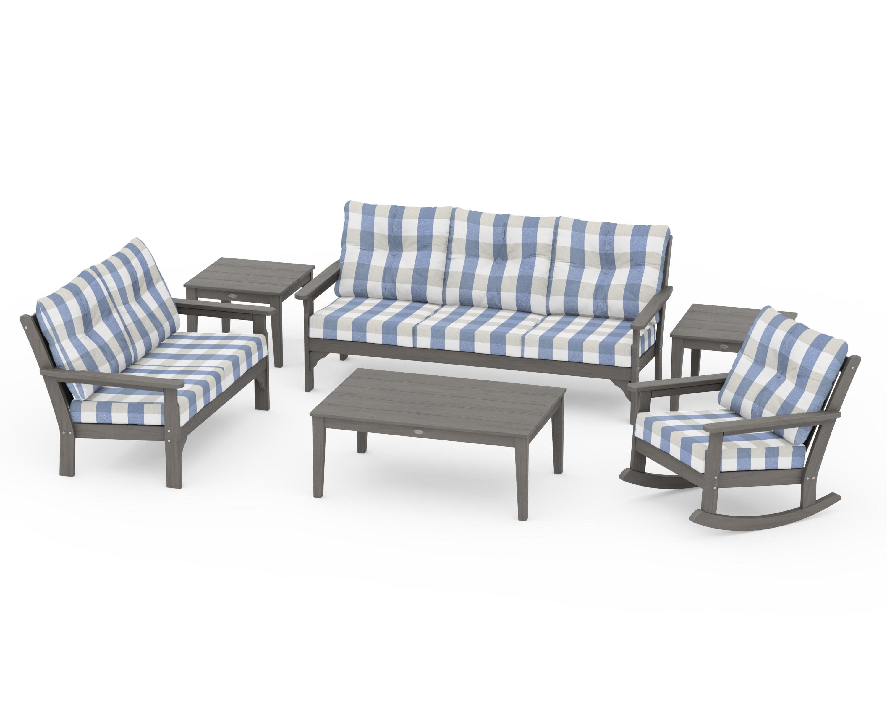 Vineyard 6-Piece Deep Seating Set in Driftwood / Buffalo Plaid Sky Blue