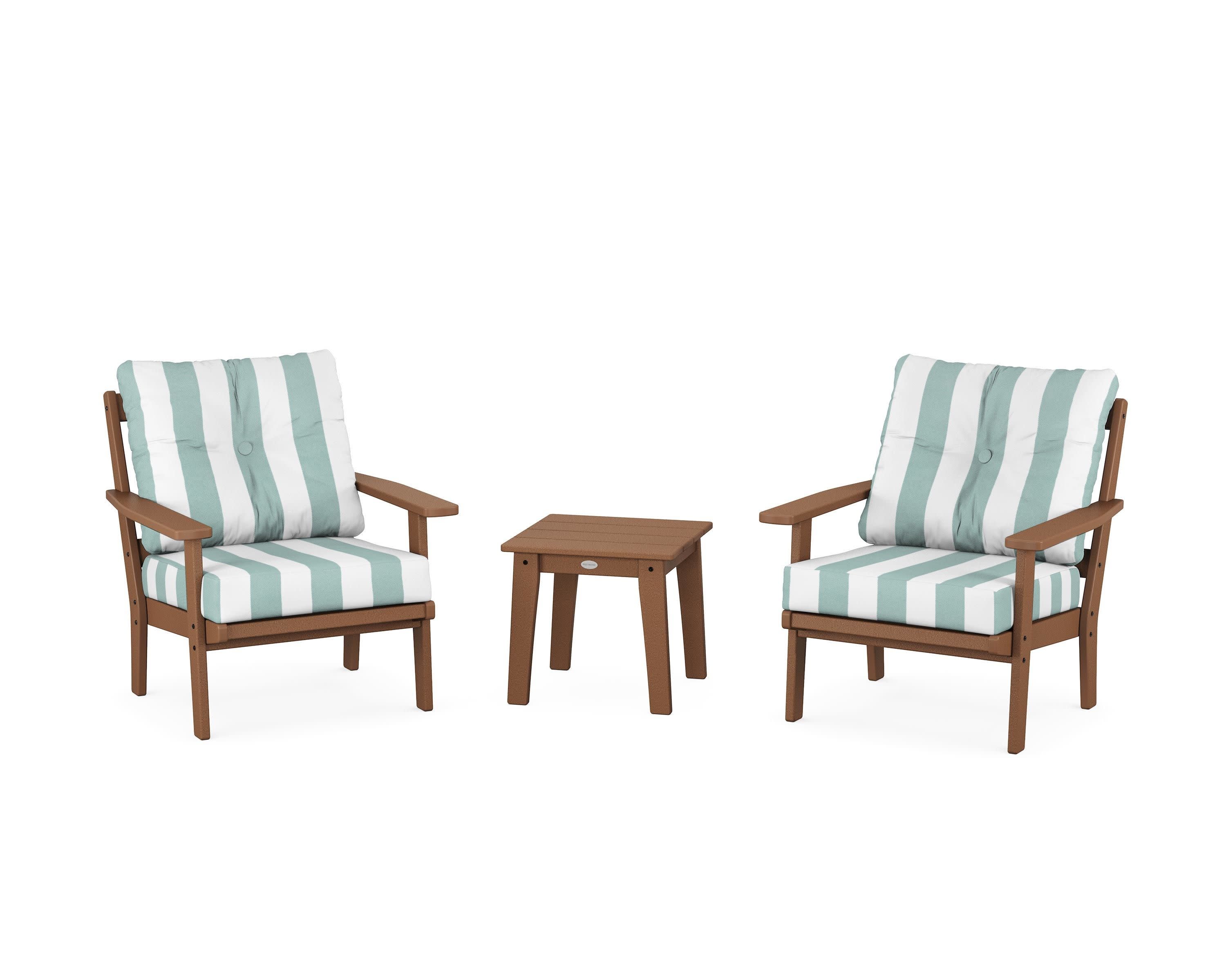 Oxford 3-Piece Deep Seating Set in Teak / Cabana Stripe Glacier Spa